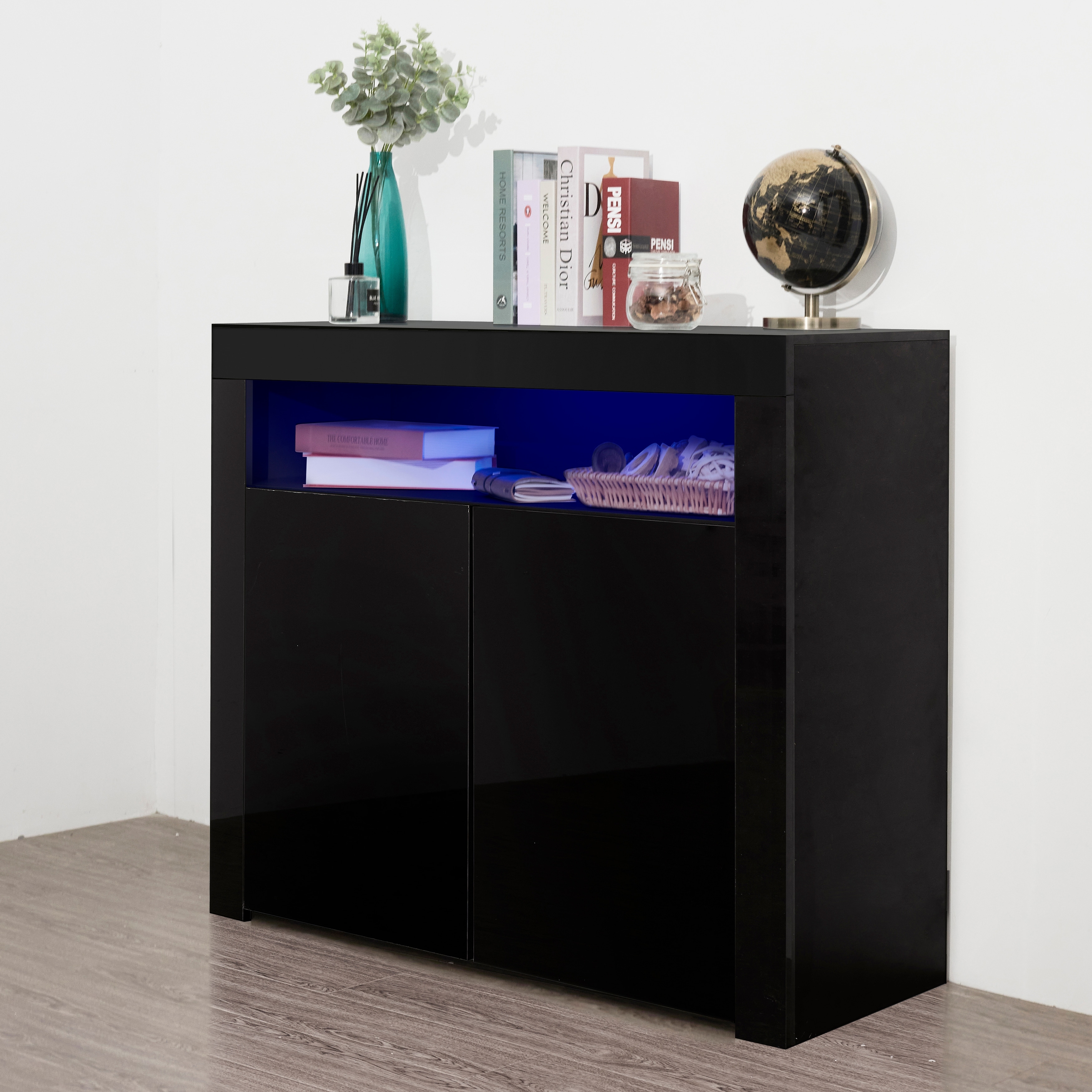 Sideboard Storage Cabinet High Gloss Tv Stands With Led Light Cupboard Buffet Wooden Storage Display Cabinet Tv Console  Black