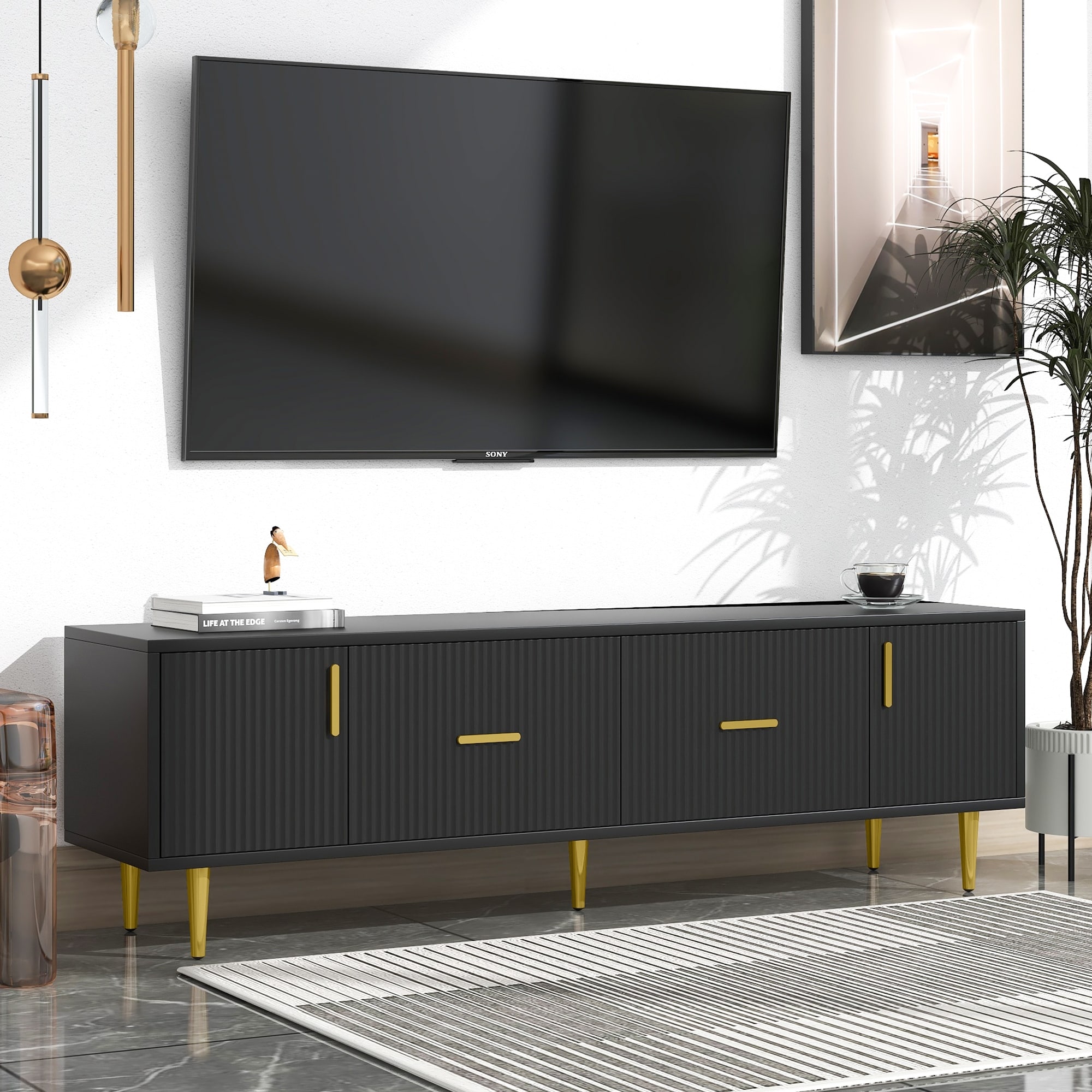 Modern Simple and Luxury Tv Stand With 5 Champagne Legs  Tv Stand Entertainment Center  Tv Console Table With Metal Handles
