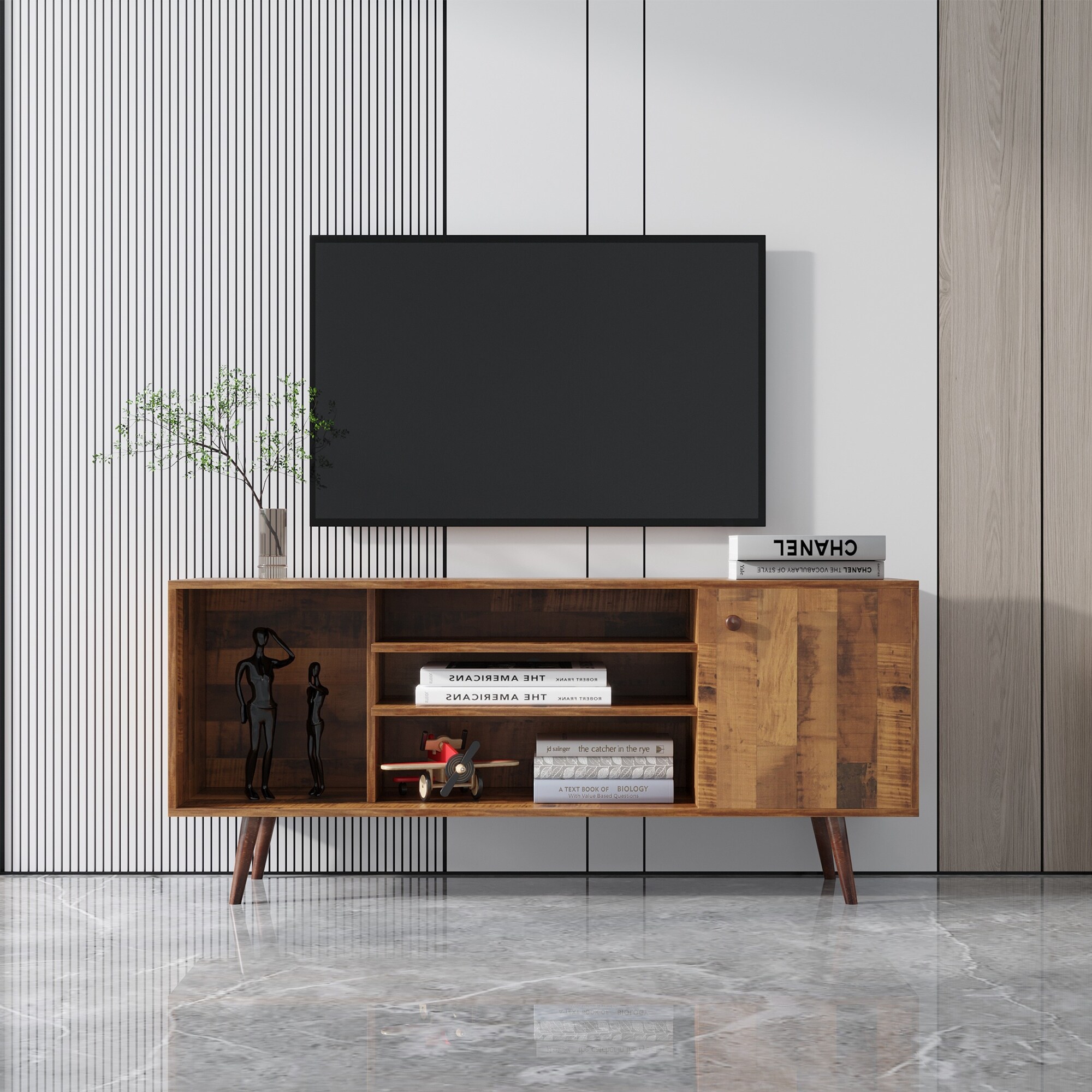 Mid-century Tv Stand With Storage Cabinet And Large Grid  2-tie Shelves  For Tvs Up To 55