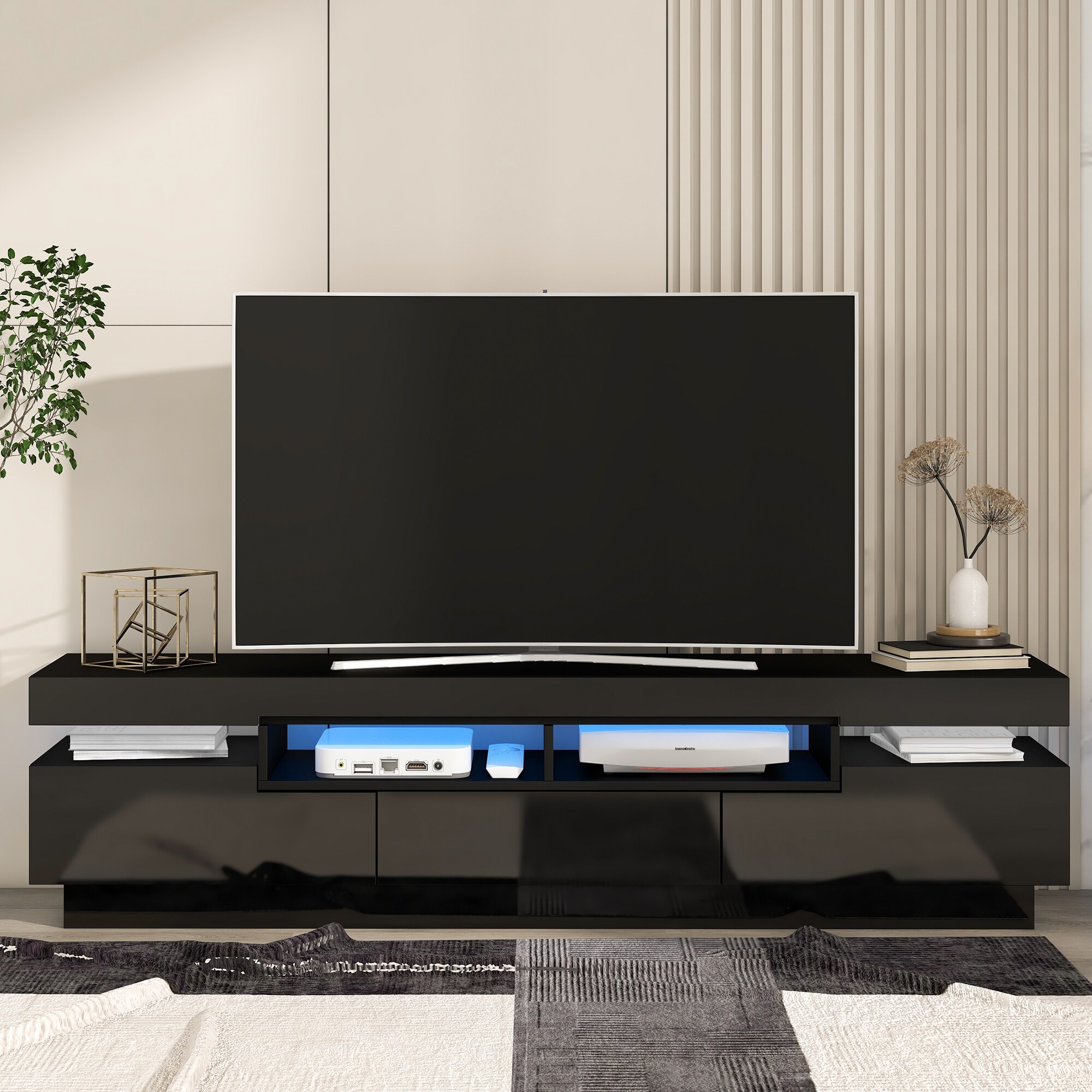 Stylish Tv Console High Gloss Led Tv Stand Entertainment Center With 4 Open Shelves And Hidden Storage For Living Room