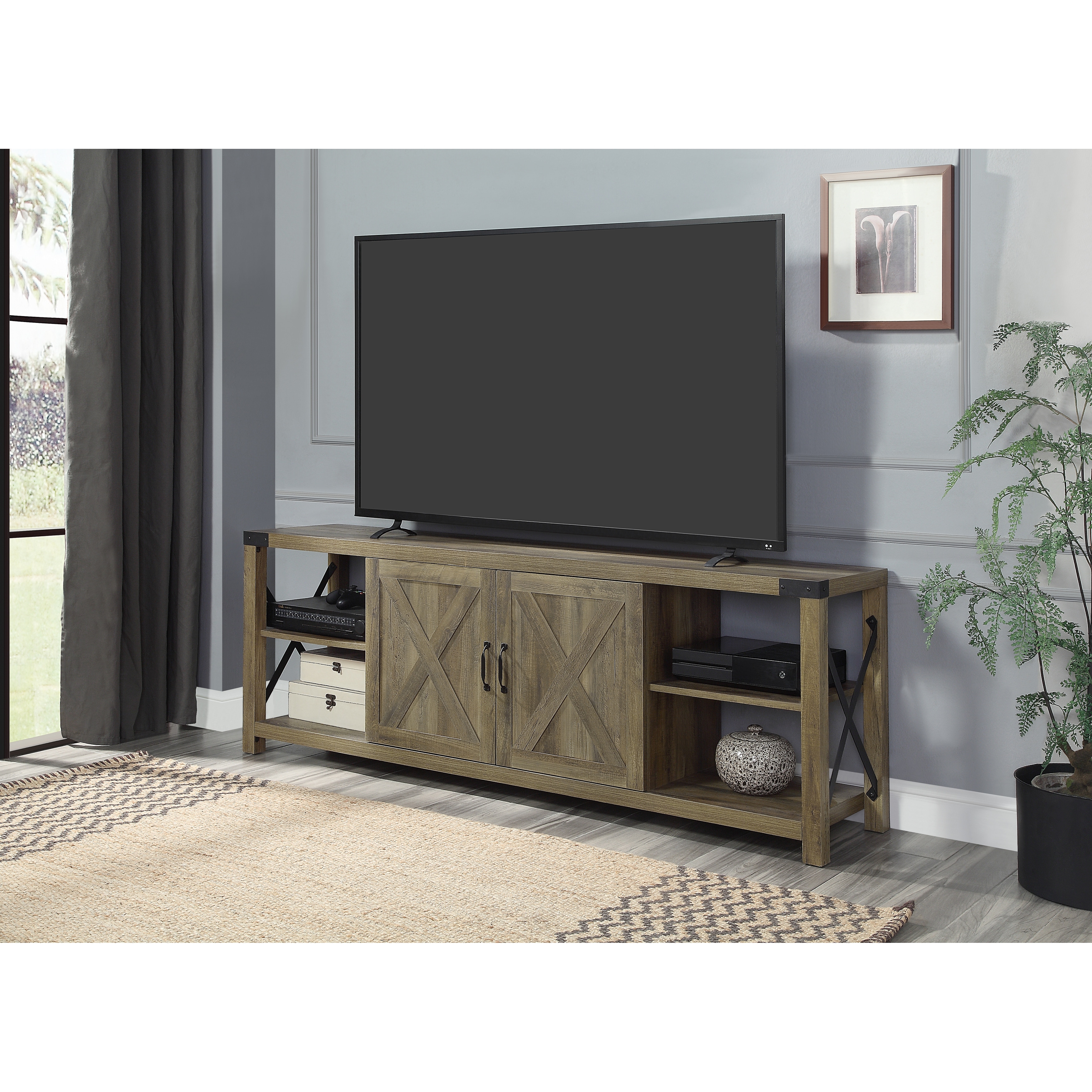 Industrial Style 71 Tv Stand With 4 Open Compartment and 2 Door Storage(w/2 Shelves)  Media Console  Solid Wood Tv Cabinet