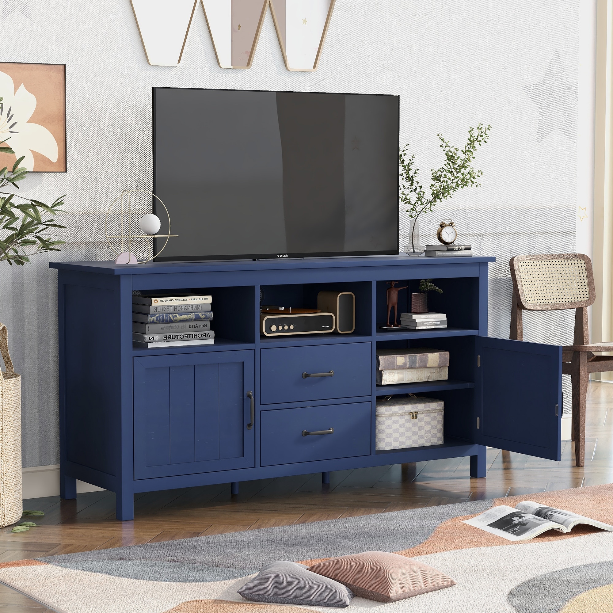 57“w Tv Stand For Tv Up To 68”with 2 Doors And 2 Drawers Open Style Cabinet  Sideboard For Living Room