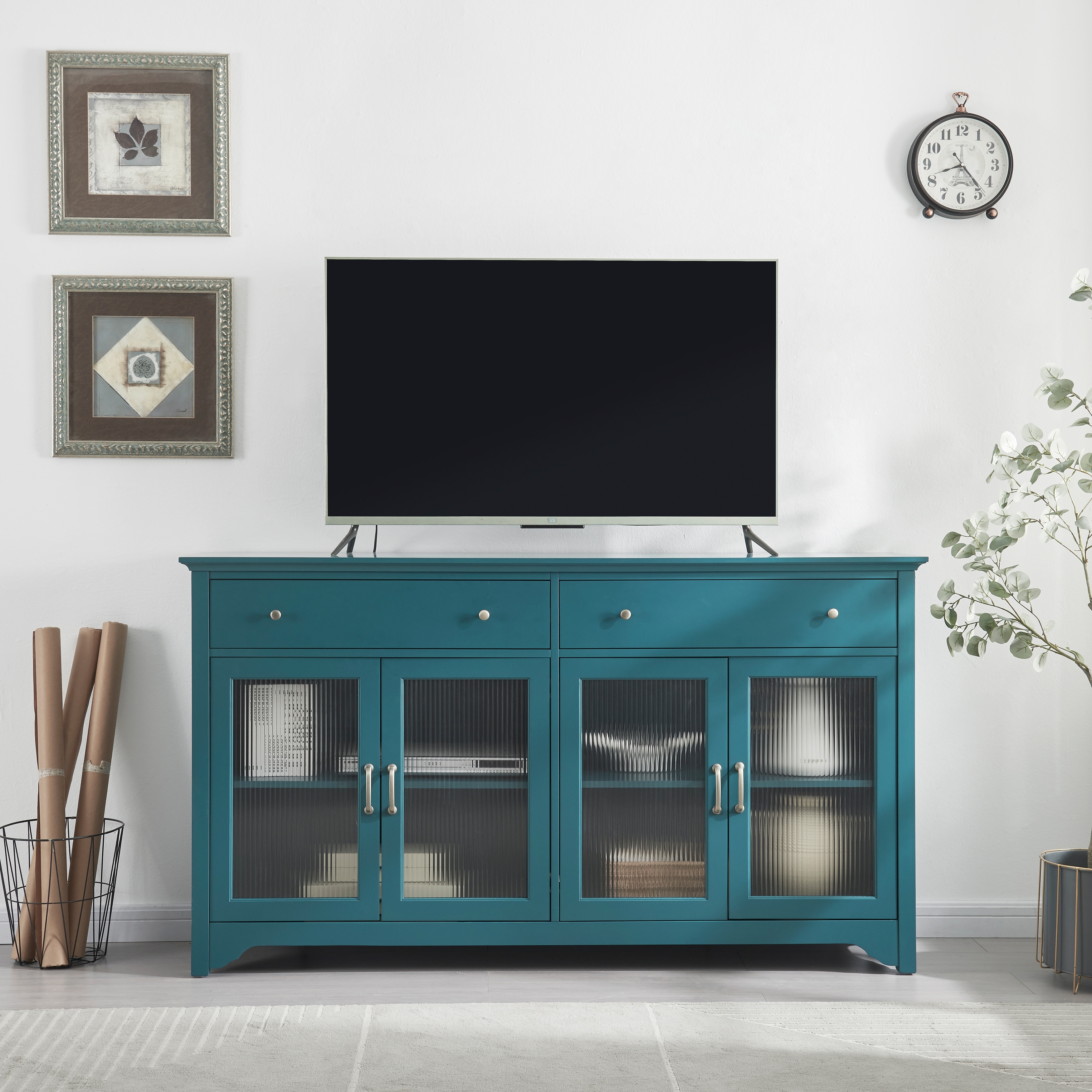 Teal Blue Multifunctional Tv Console With Glass Doors