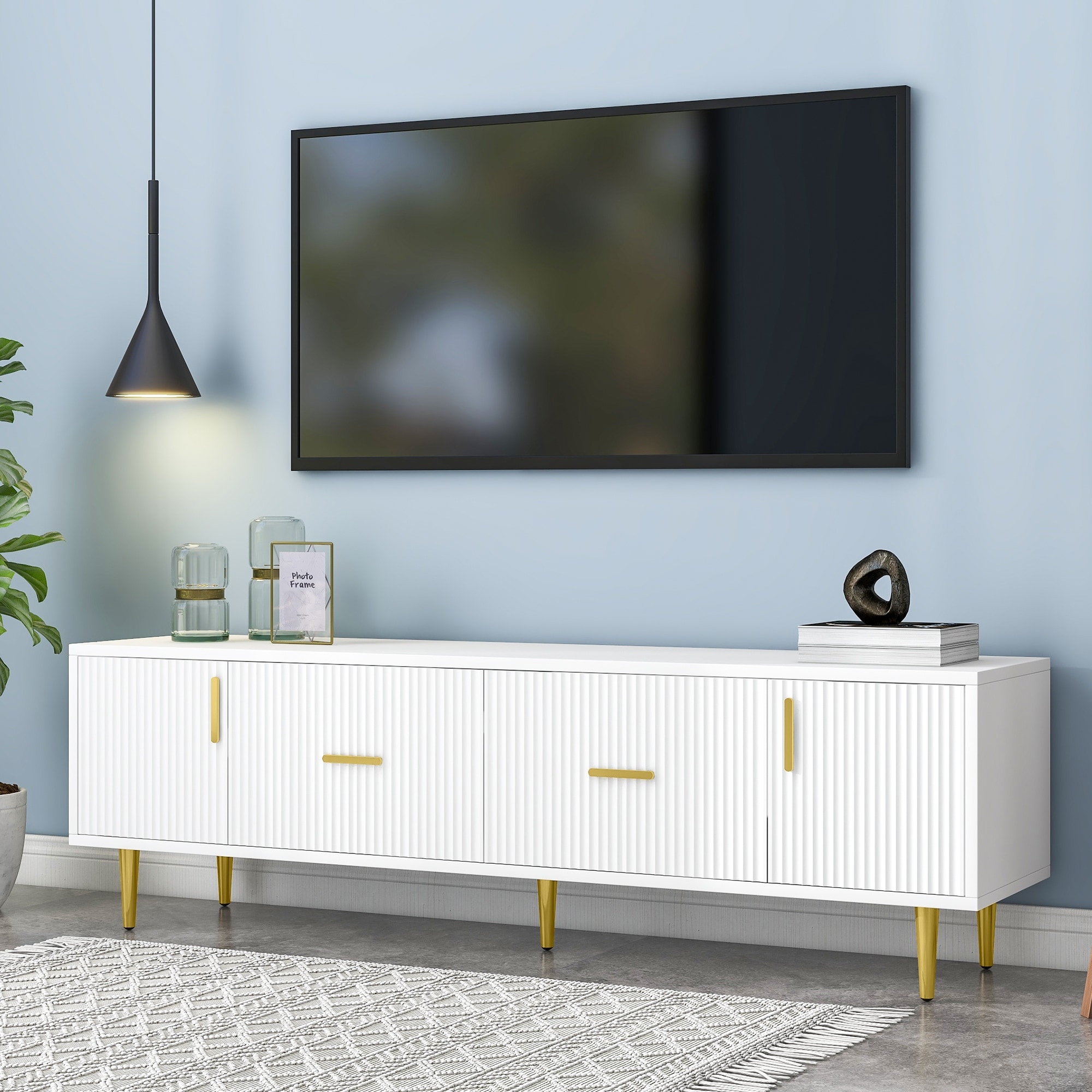 Modern Simple and Luxury Tv Stand With 5 Champagne Legs  Tv Stand Entertainment Center  Tv Console Table With Metal Handles