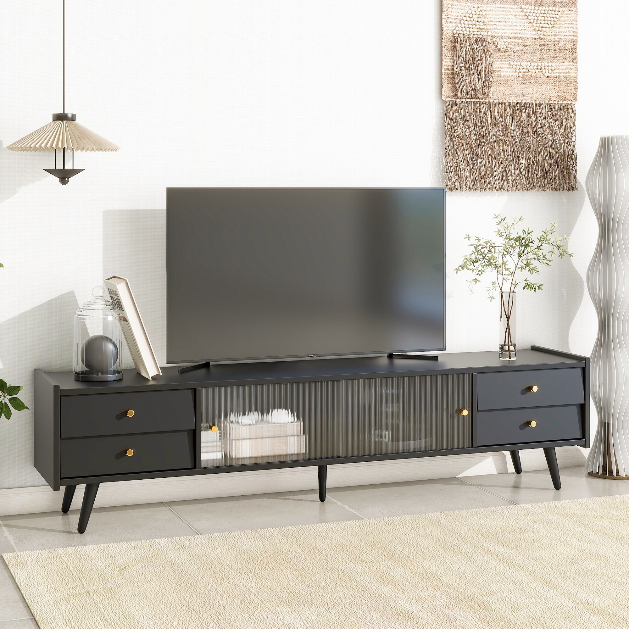 Contemporary Tv Console With Slanted Drawers And Glass Doors