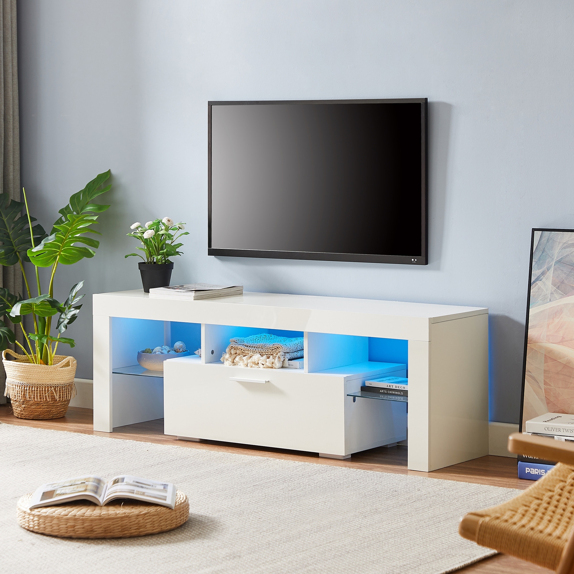 White Morden Tv Stand With Led Lights  High Glossy Front Tv Cabinet can Be Assembled In Lounge Room  Living Room