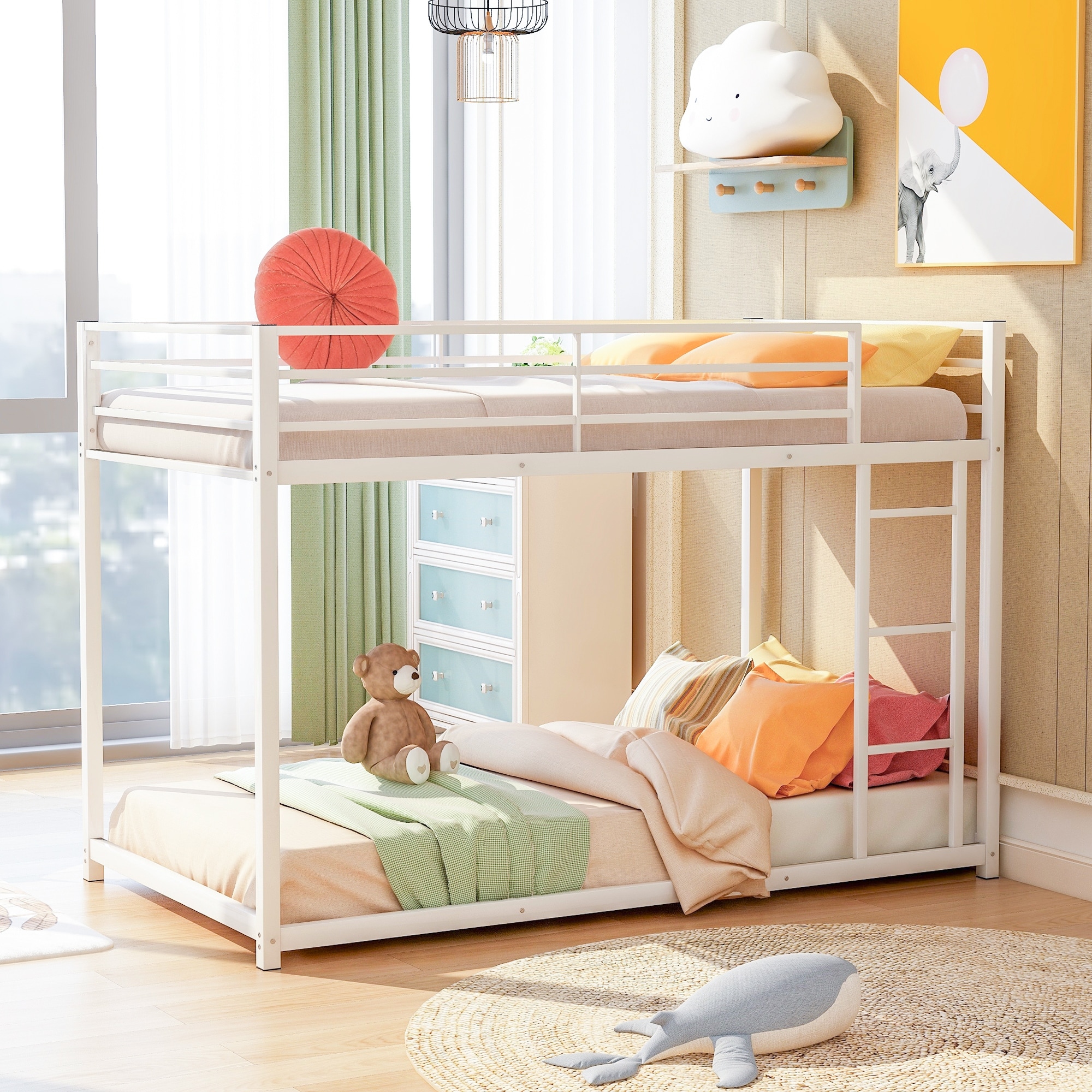 Twin Over Twin Metal Bunk Bed  Low Bunk Bed With Ladder white