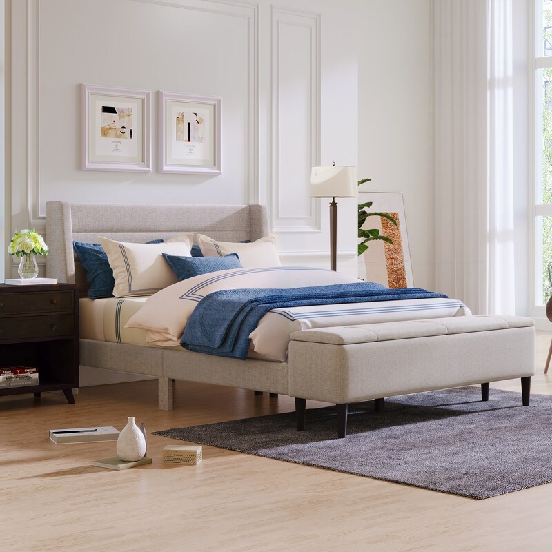 Queen Size Upholstered Platform Bed With Storage Ottoman Bench