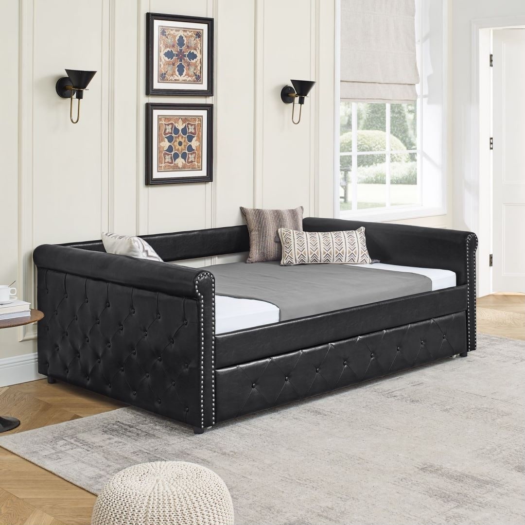 Full Size Sofa Daybed With Twin Trundle Upholstered Tufted Board Cozy