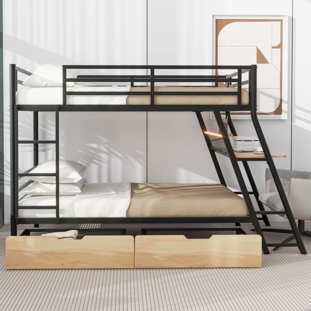 Black Twin Size Metal Bunk Bed With Built-in Desk Light And 2 Drawers