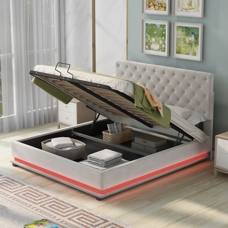Velvet Upholstered Platform Bed With Large Underneath Storage 15 Colors Led And Adjustable Headboard queen Size