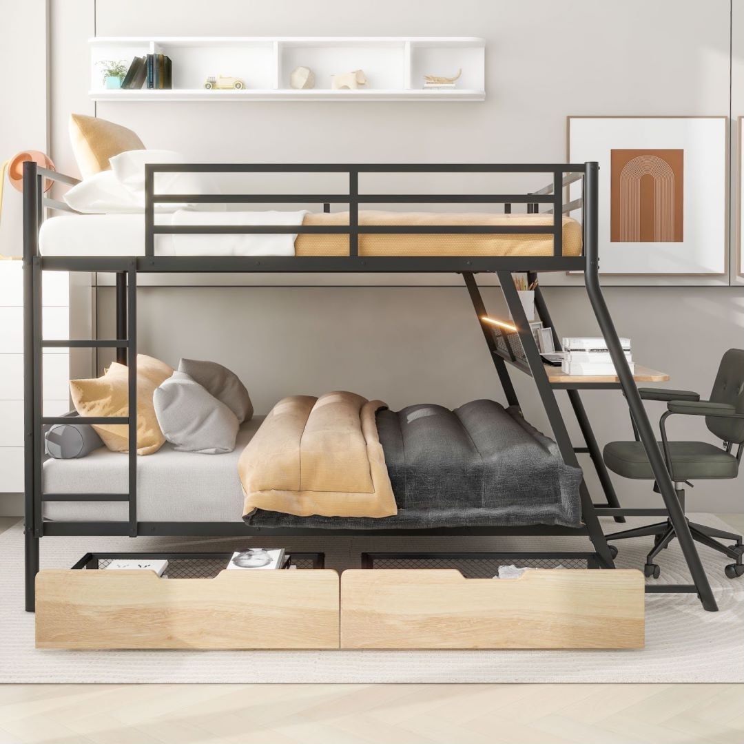 Black Full Size Metal Bunk Bed With Built-in Desk Light And 2 Drawers