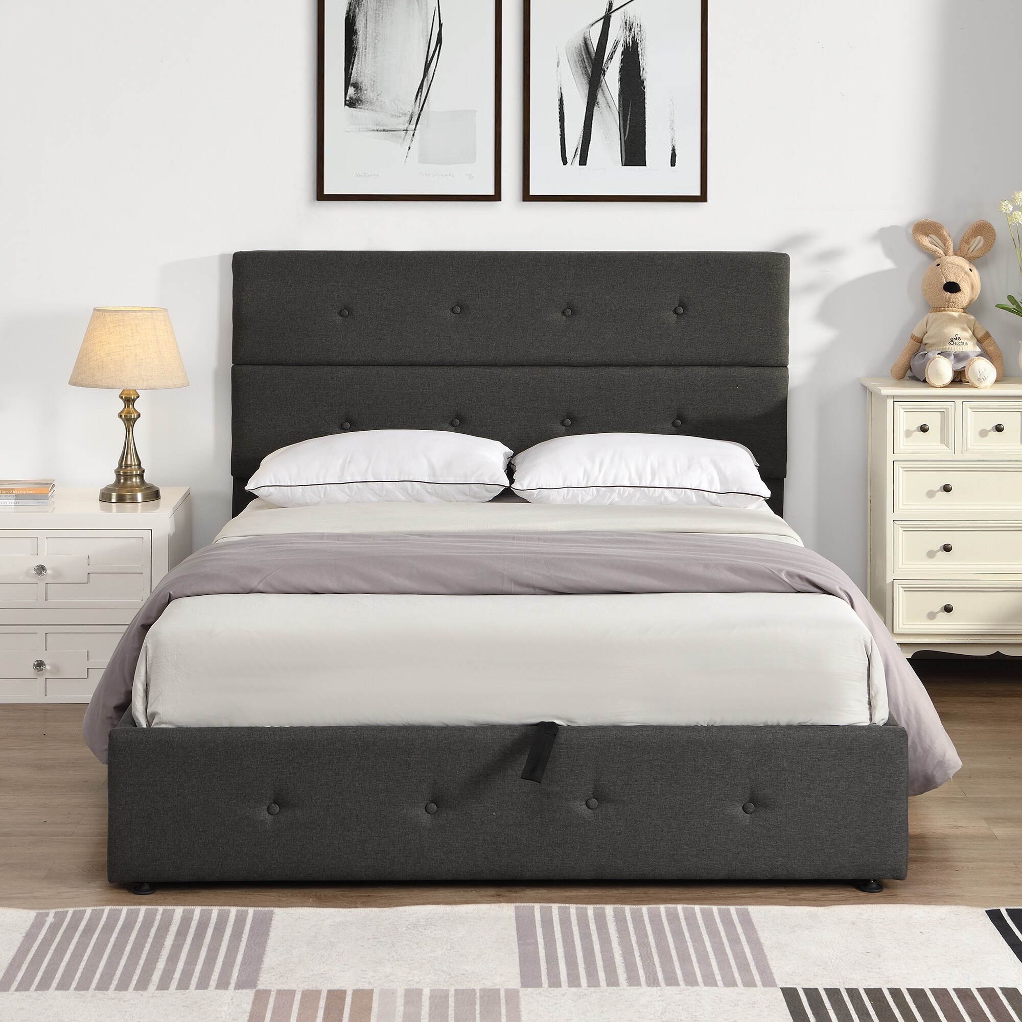 Linen Upholstered Platform Bed With Underneath Gas Lift Up Storage