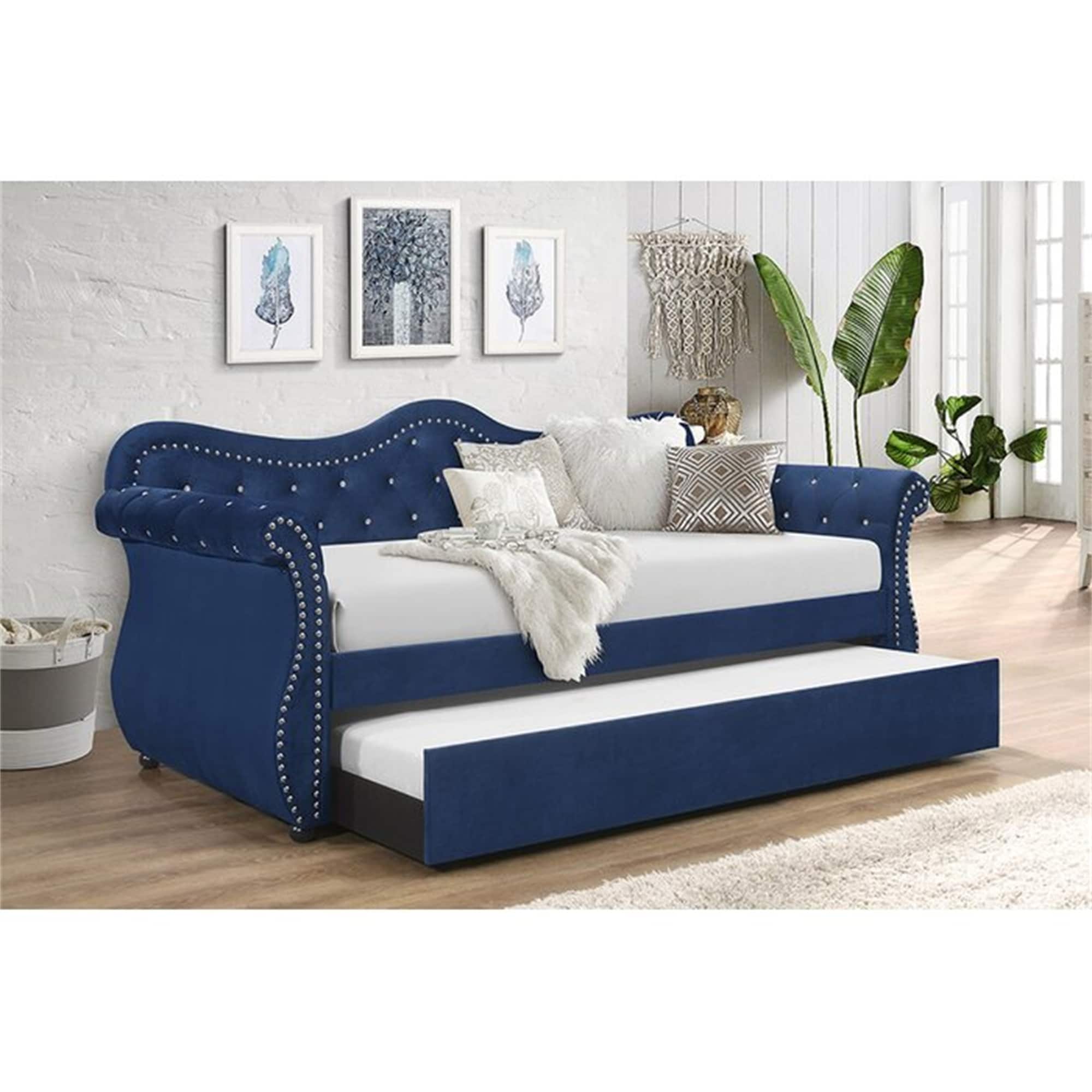 Twin Solid Wood Daybed Velvet For Small Room  With Trundle  Nailhead