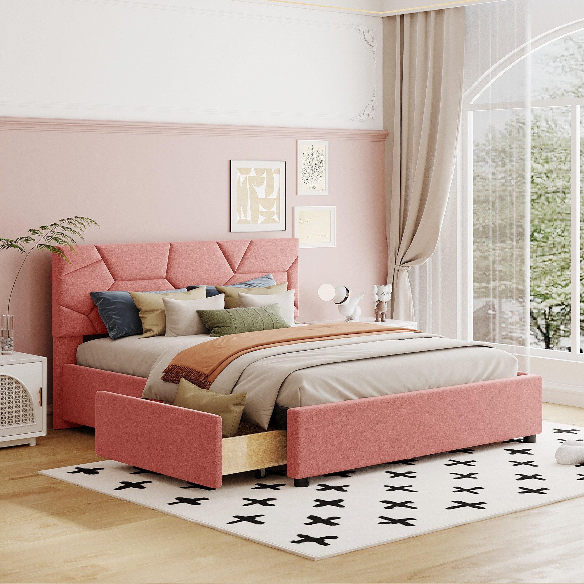 Plywood and Mdf Storage Bed Queen Linen Upholstered Platform Bed With Geometric Pattern Headboard And 4 Side Drawers