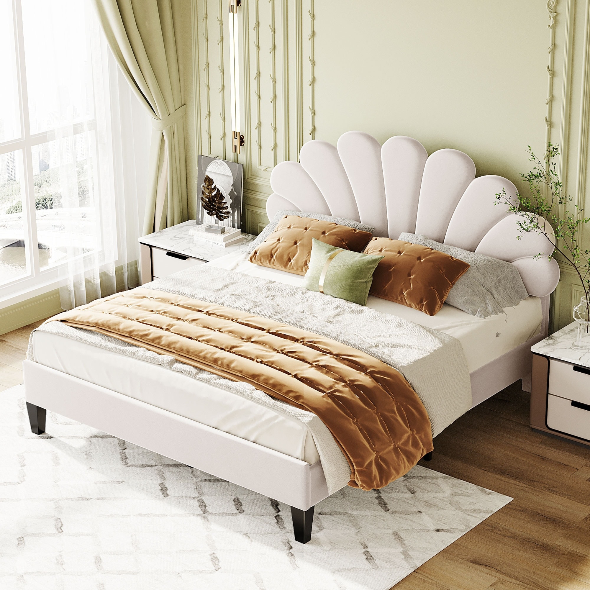 Queen Size Upholstered Platform Bed With Flower Pattern Velvet Headboard  Beige
