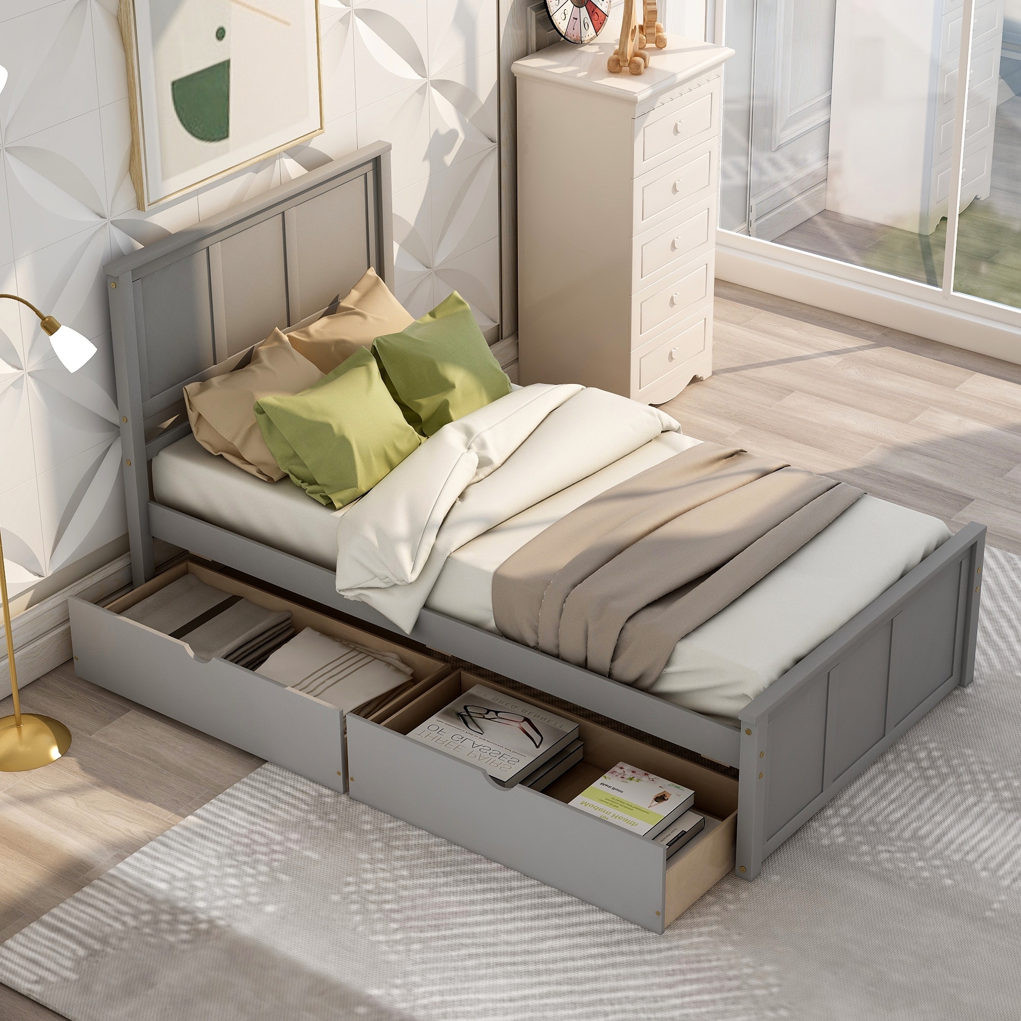Platform Storage Bed  2 Drawers With Wheels  Twin Size Frame