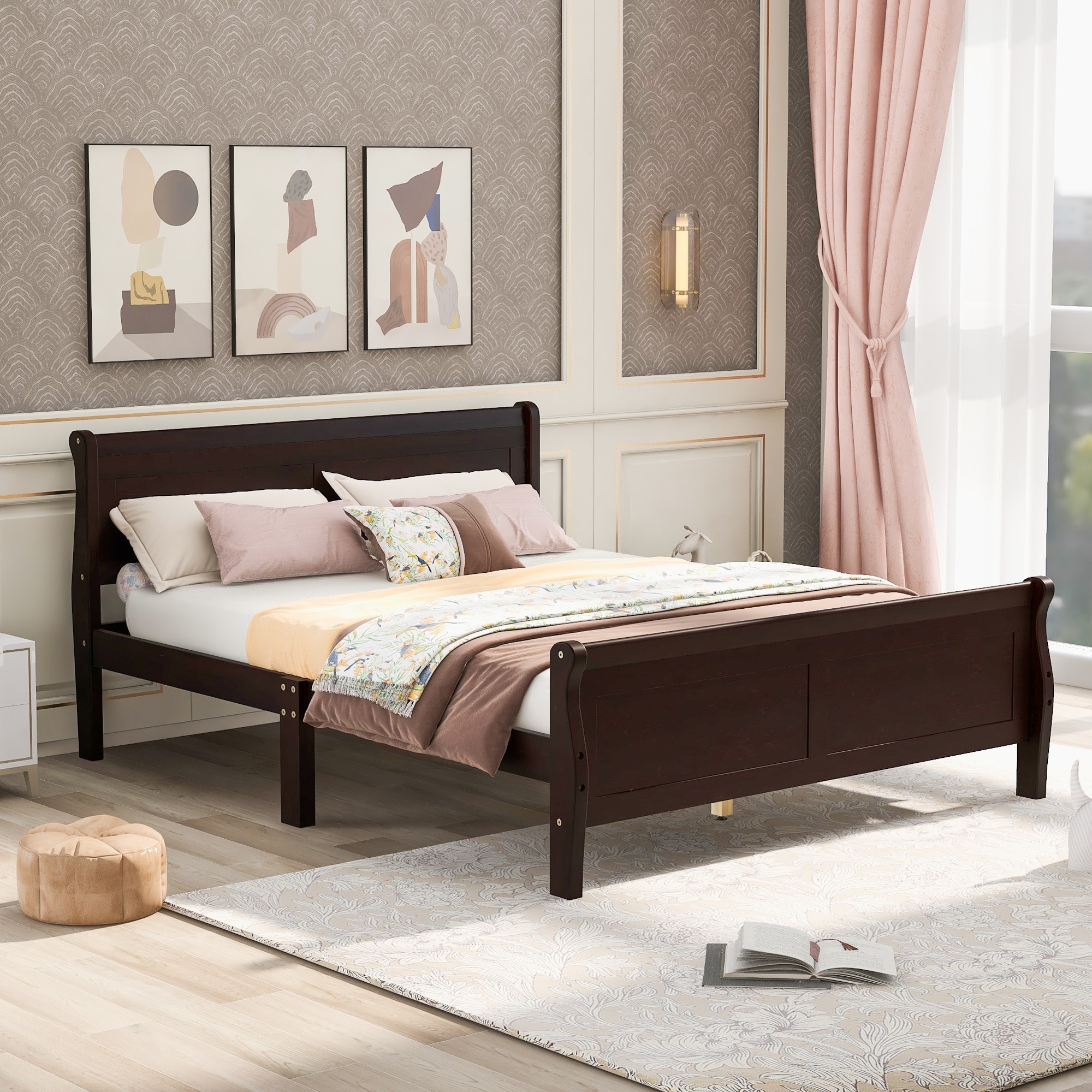 Full Size Wood Platform Bed With Headboard And Wooden Slat Support (espresso)