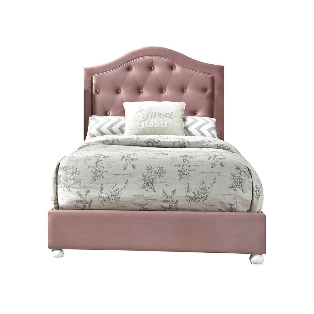 Fabric Upholstered Bed With Wood Legs And Tufted Headboard In Pink
