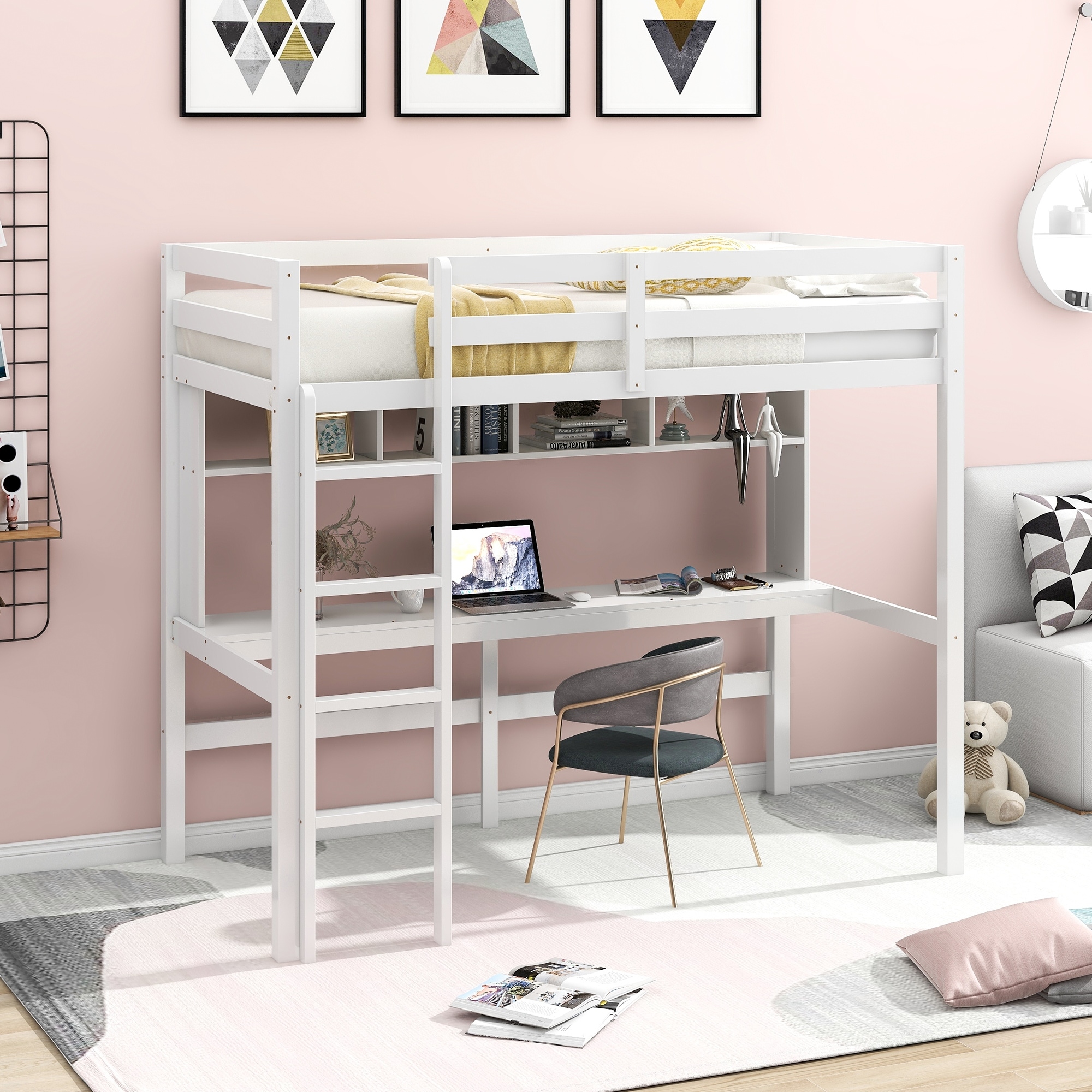 Twin Size Loft Bed With Convenient Desk  Shelves  And Ladder  White(similar Sku:sm001302aae)