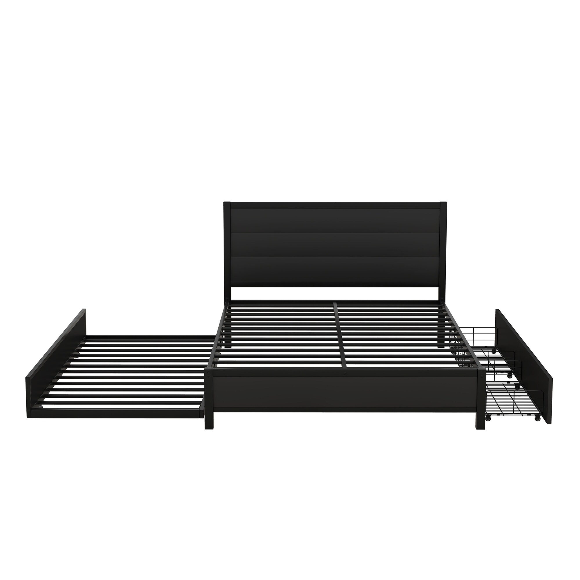 Metal Queen Size Storage Platform Bed With Twin Size Trundle And 2 Drawers