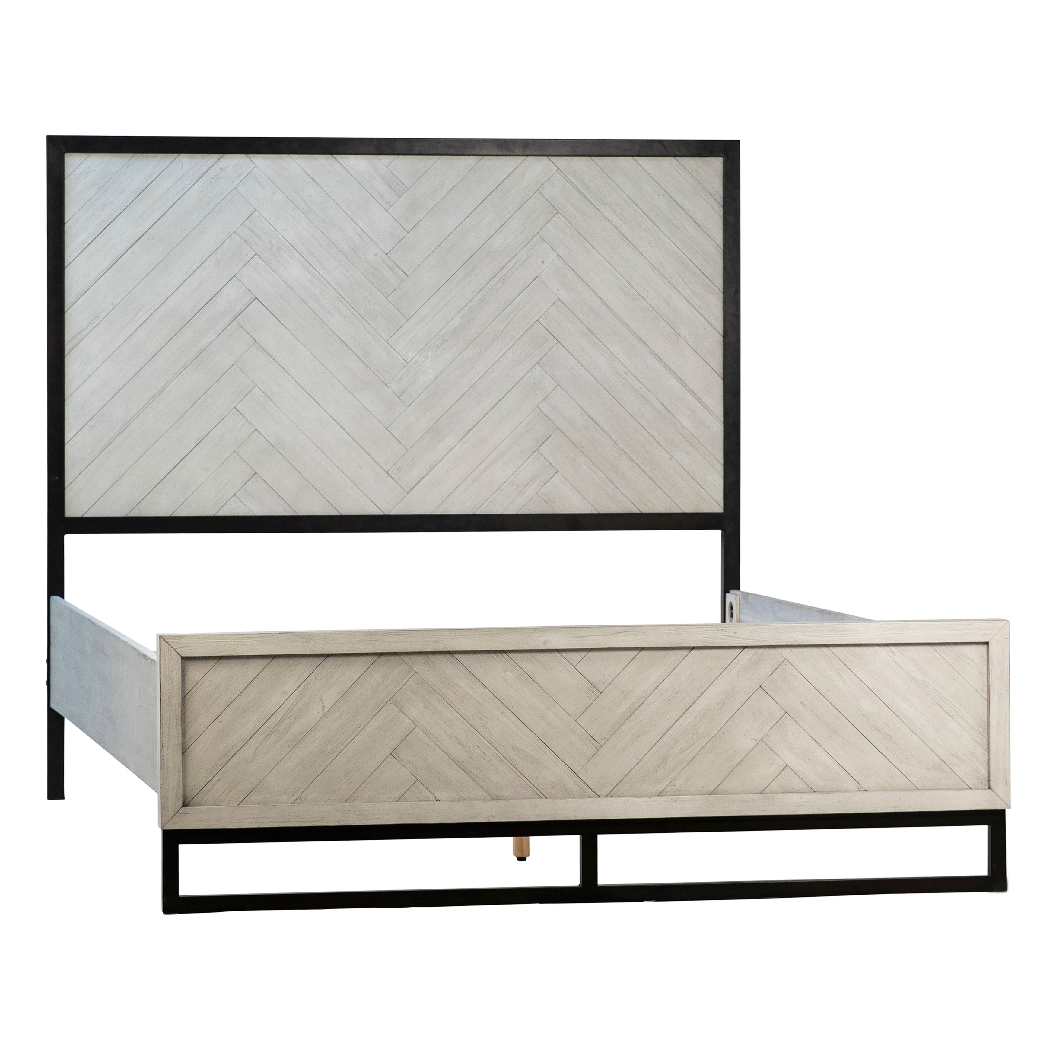 Vincent Light Wash Acacia And Black Iron Panel Bed With Herringbone Headboard