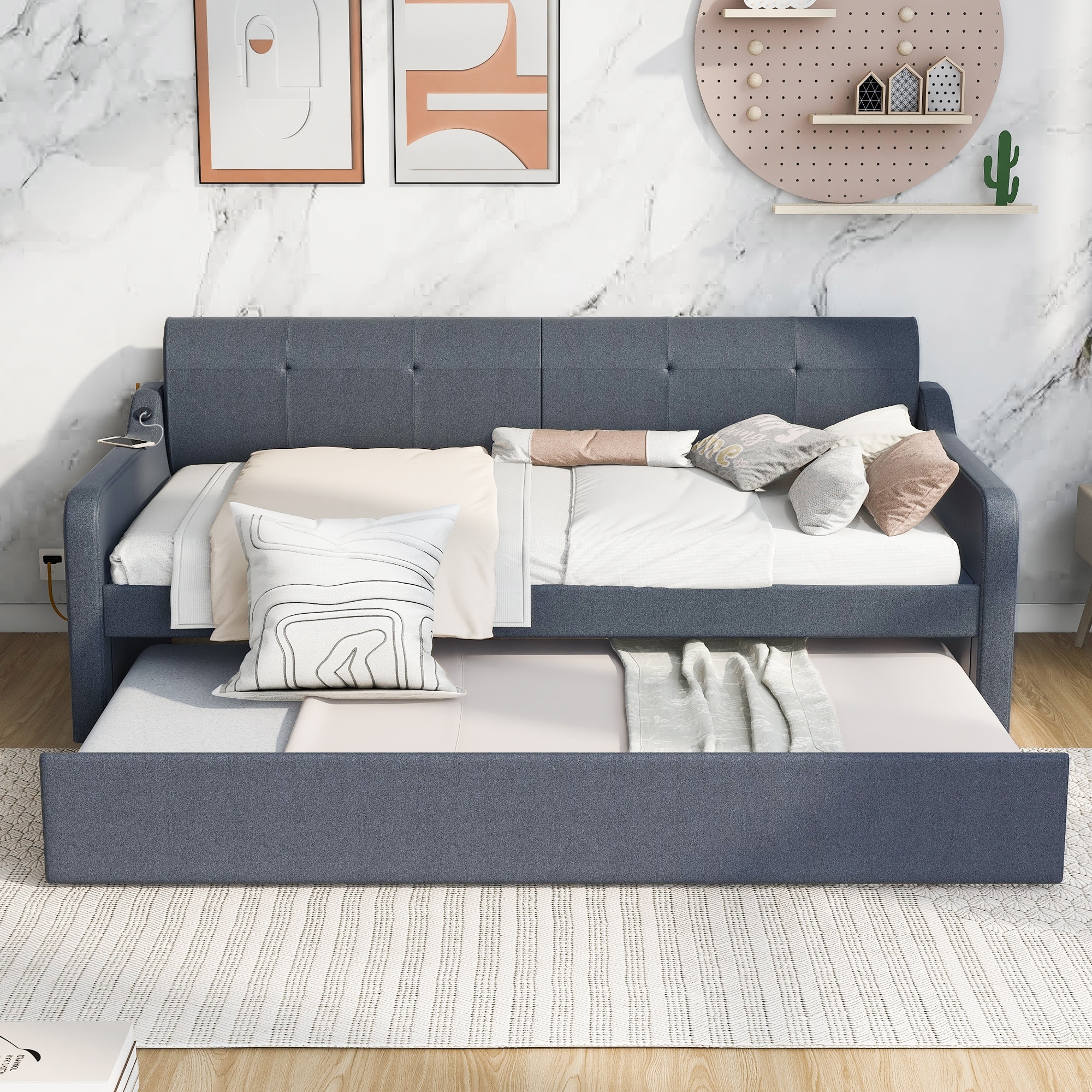 Twin Size Upholstery Daybed With Trundle And Usb Charging Design gray