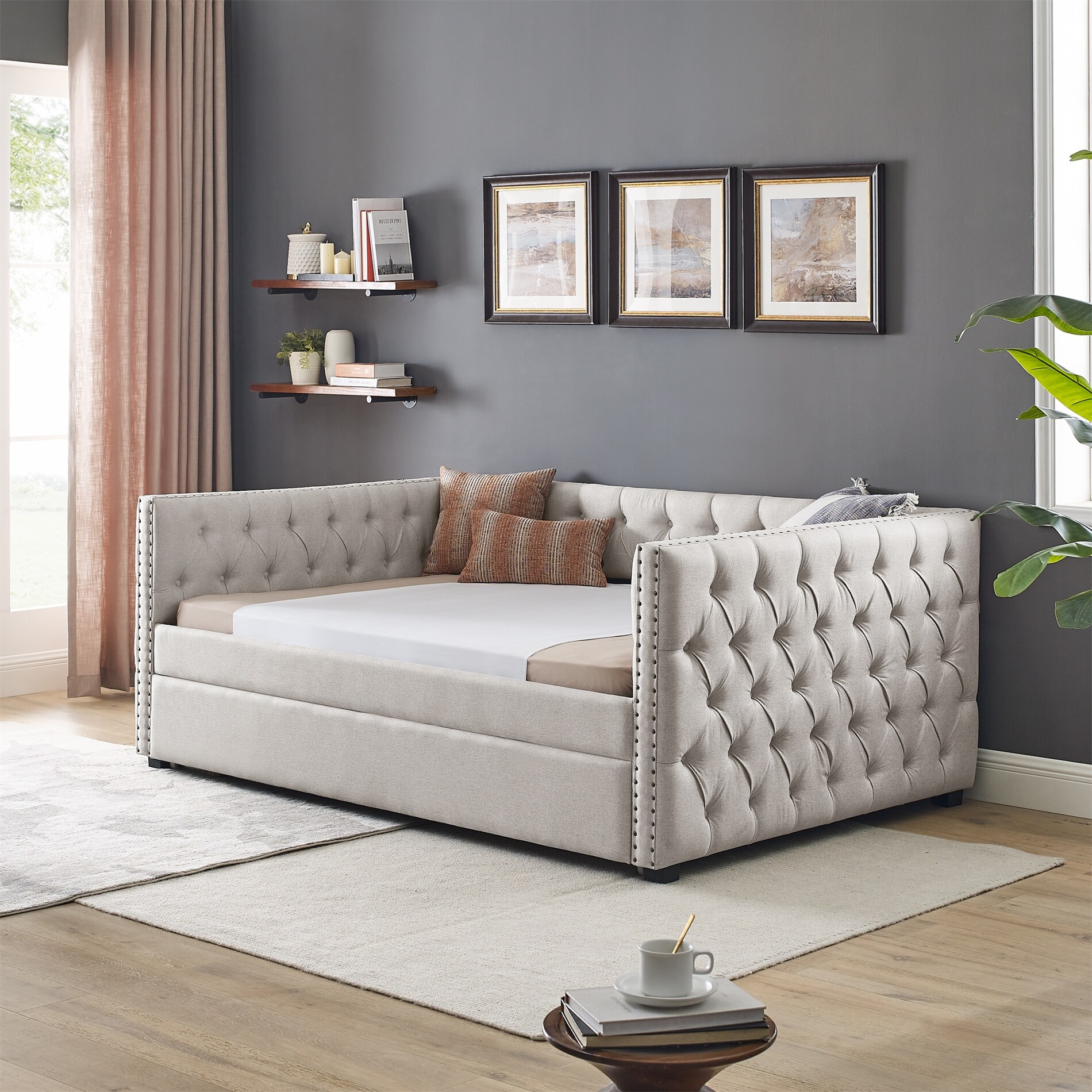 Sofa Bed With Trundle Upholstered Tufted  Full Daybed and Twin Trundle