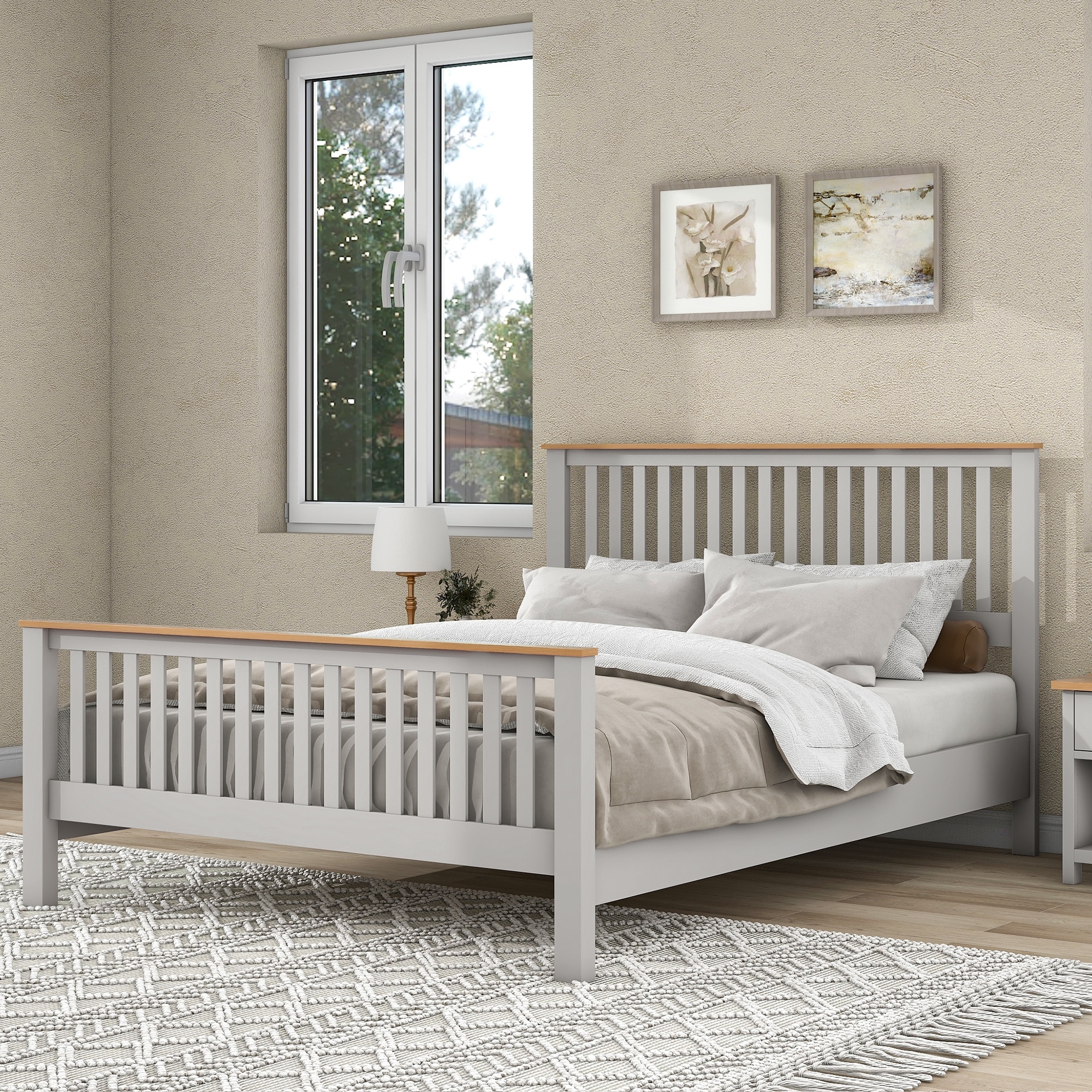 Queen Country Solid Wood Platform Bed With Headboard and Footboard  Grey