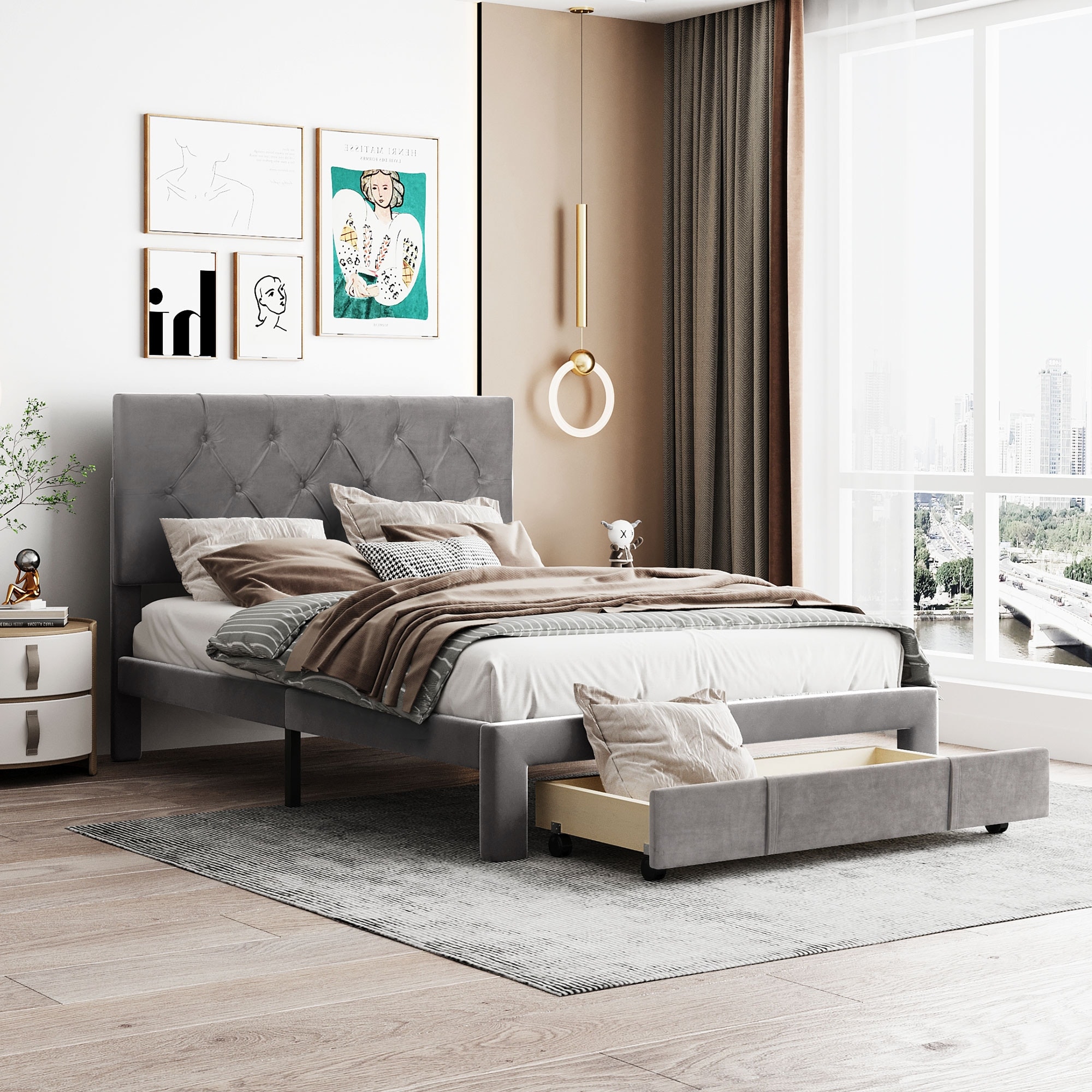 Velvet Upholstered Storage Platform Bed With Big Drawer And Upholstered Headboard