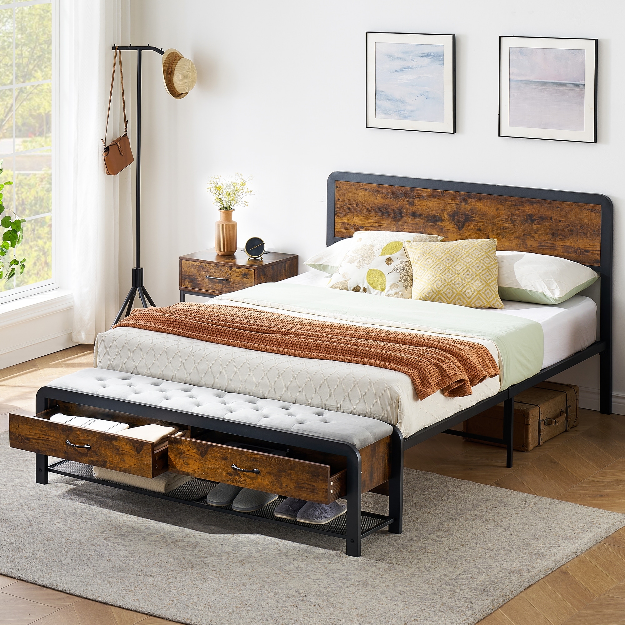 Brown Metal Platform Bed Frame With Headboard Storage Bench