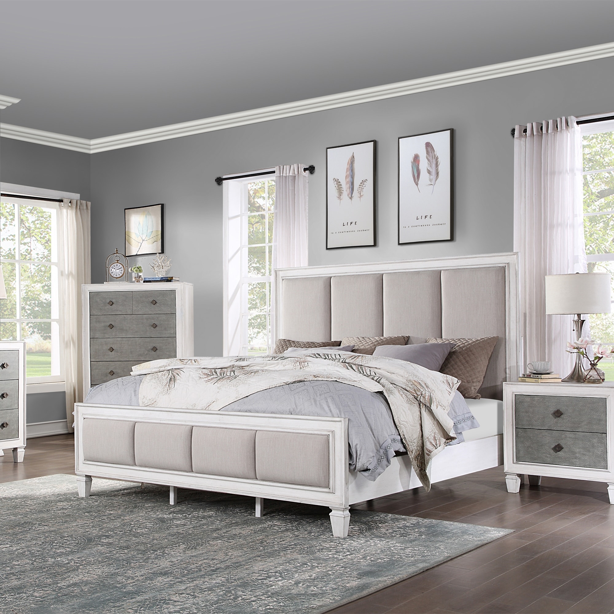 Light Gray Linen Queen Bed With Weathered Finish