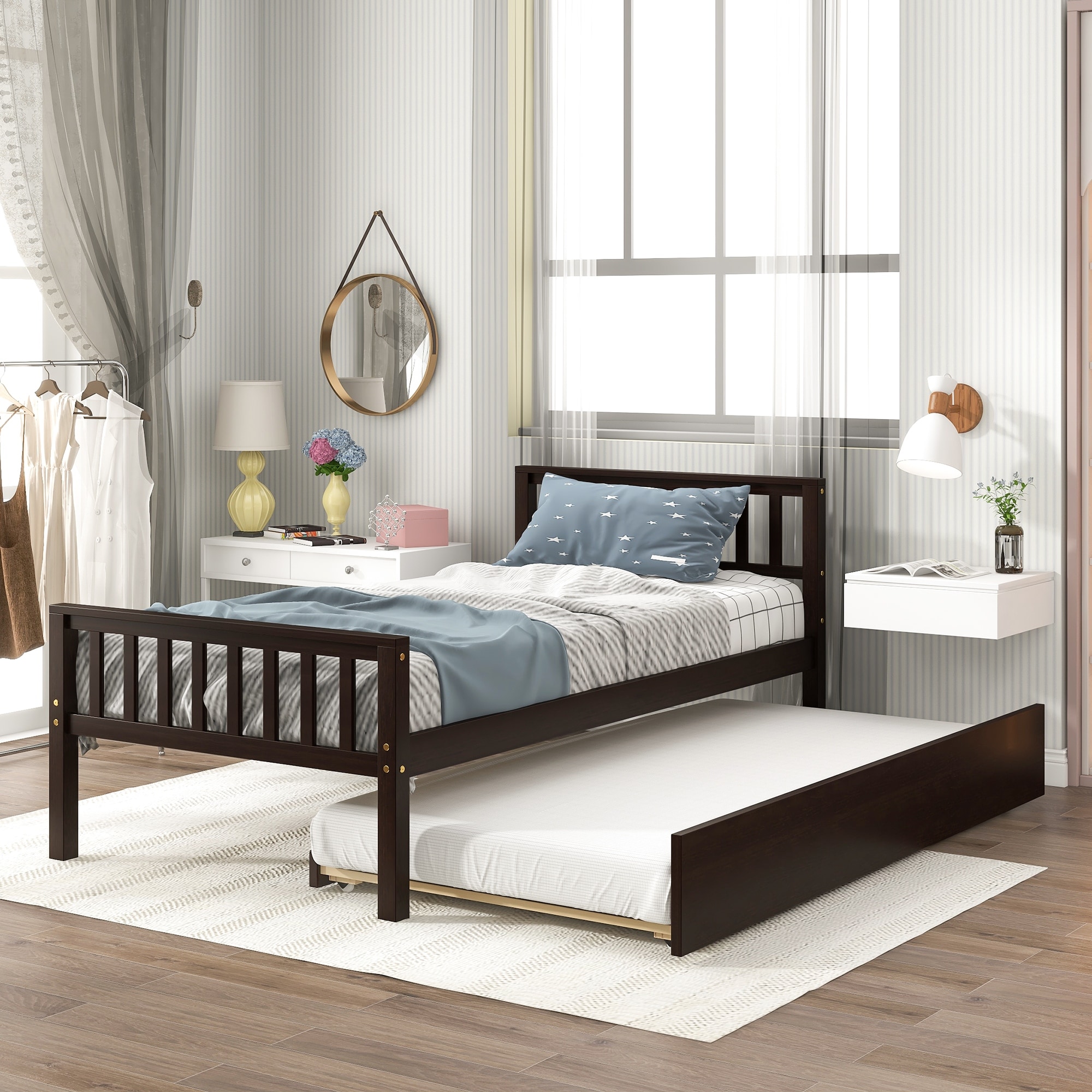 Twin Size Platform Bed With Twin Trundle  Classic Headboard and Footboard