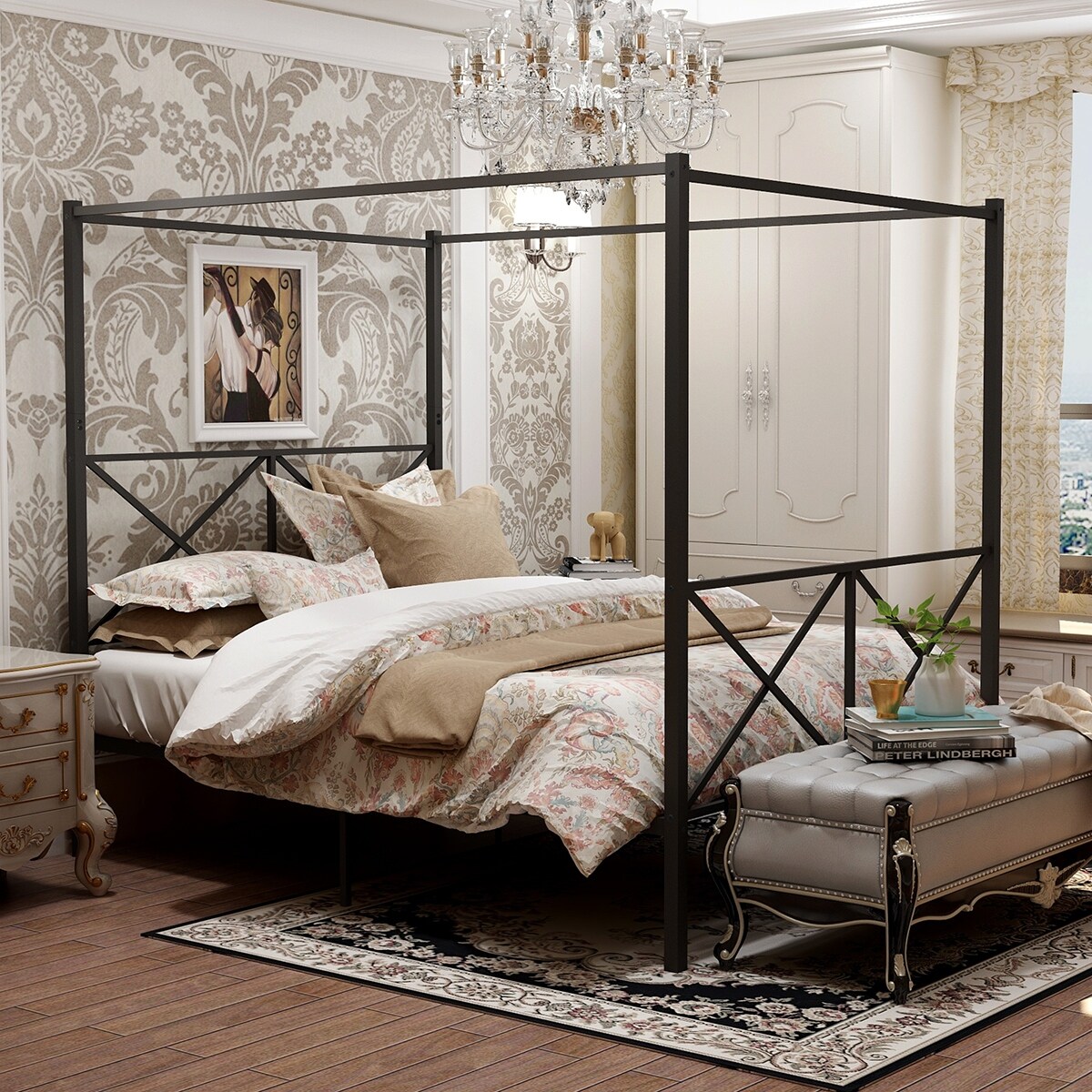 Twin Metal Canopy Bed Frame  Twin Platform Bed With X-shaped Frame  Black
