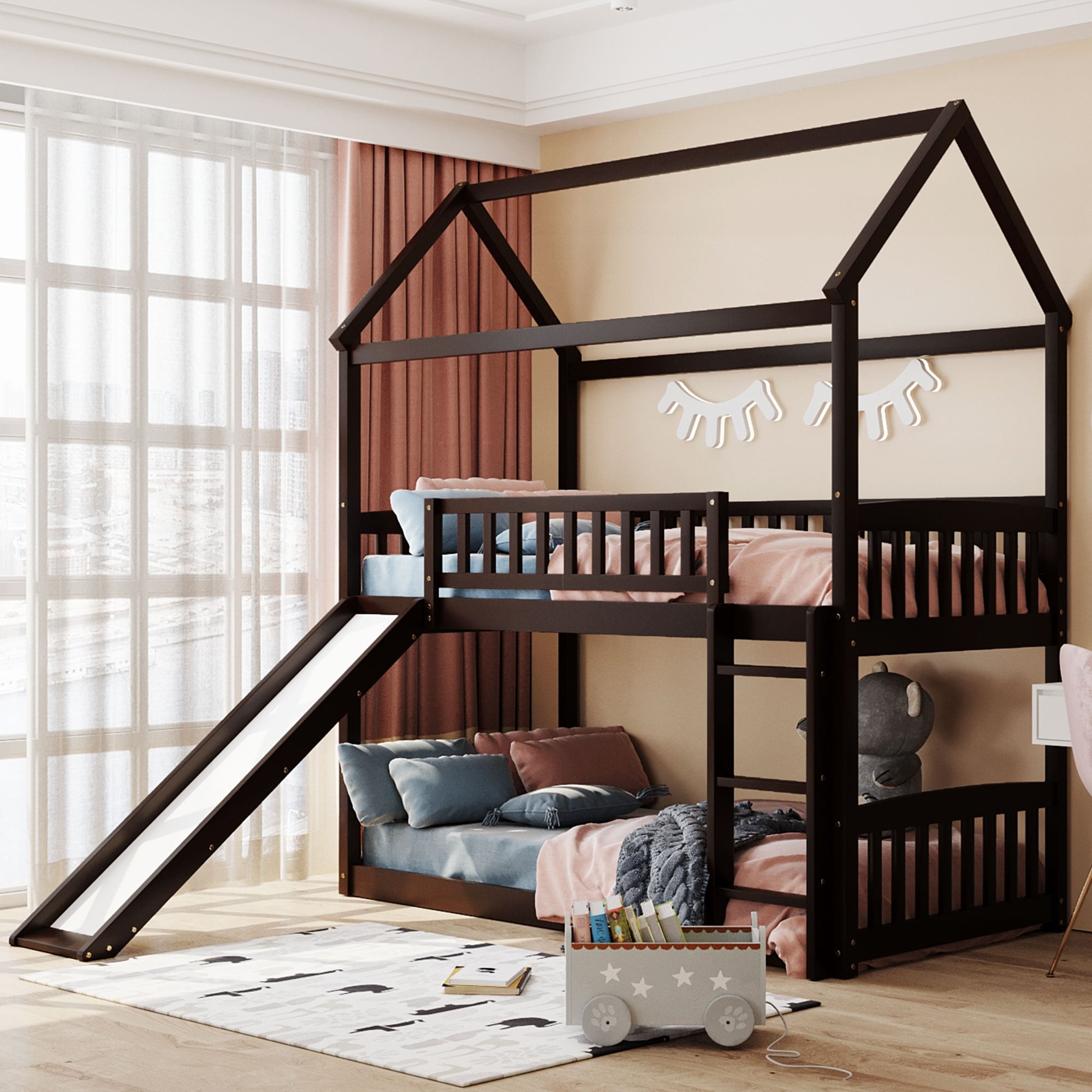 Twin Over Twin Bunk Bed With Slide  House Bed With Slide  Gray