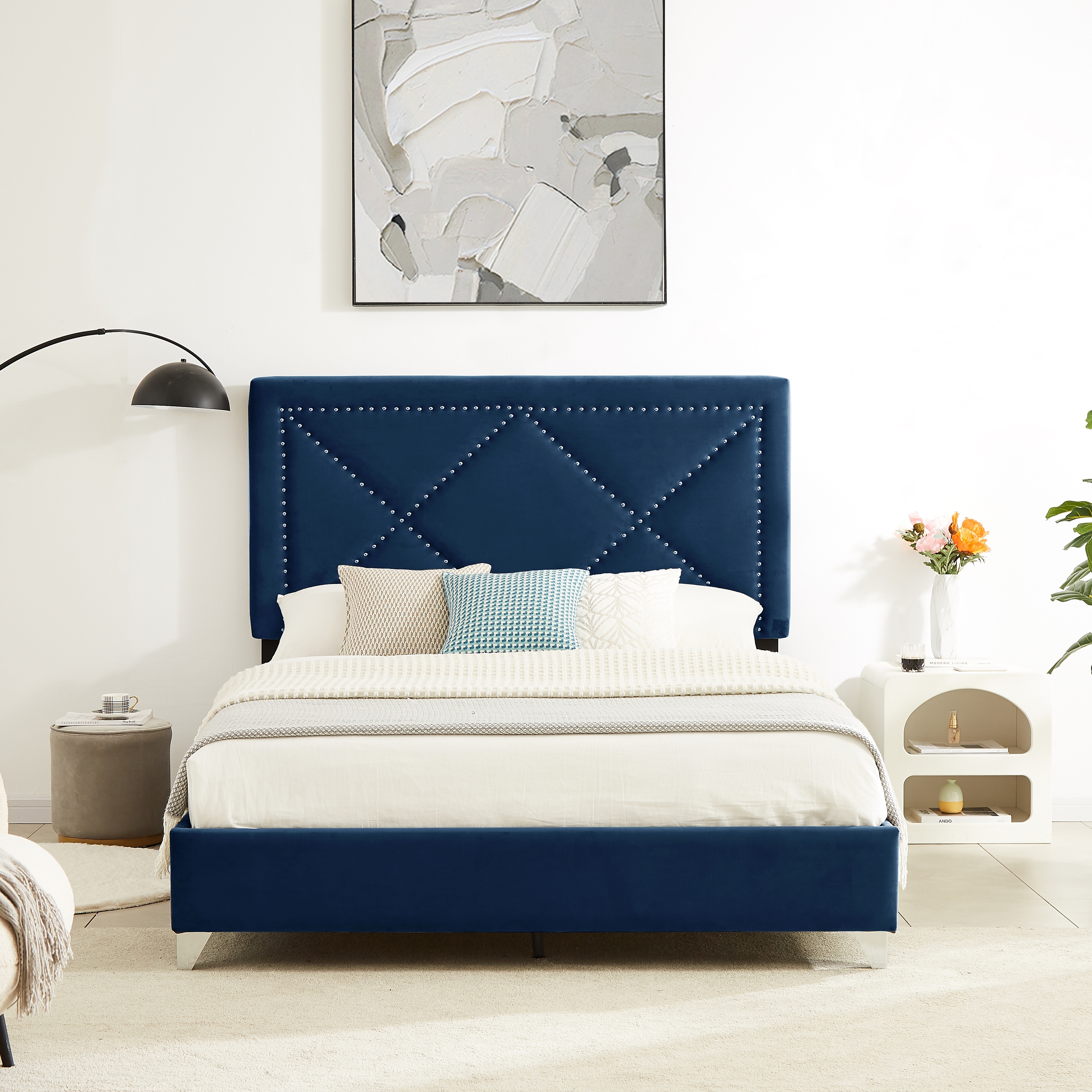 Stylish Modern Velvet Upholstered Platform Bed Frame  Wood Slat Support  Queen Size