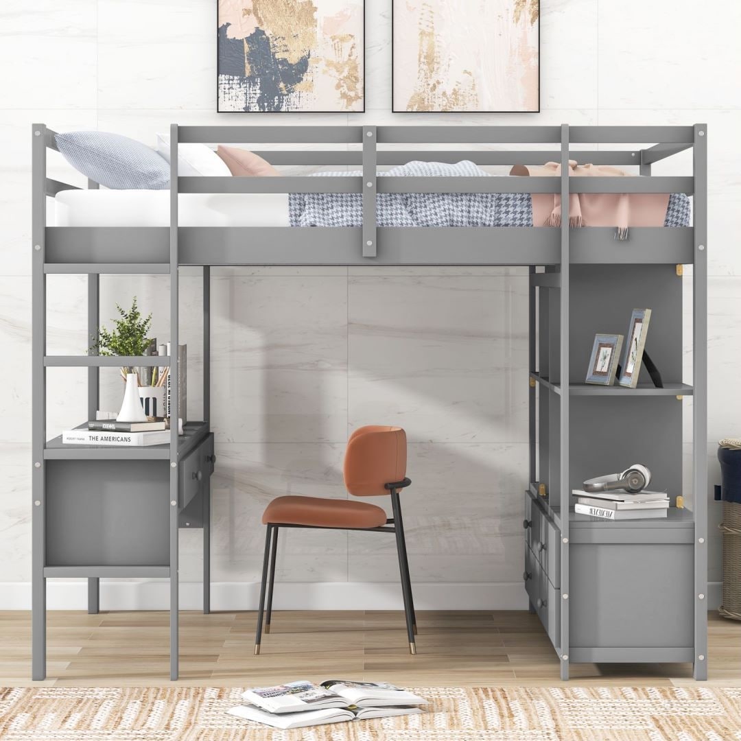 Grey Full Size Loft Bed With Built-in Desk With Two Drawers