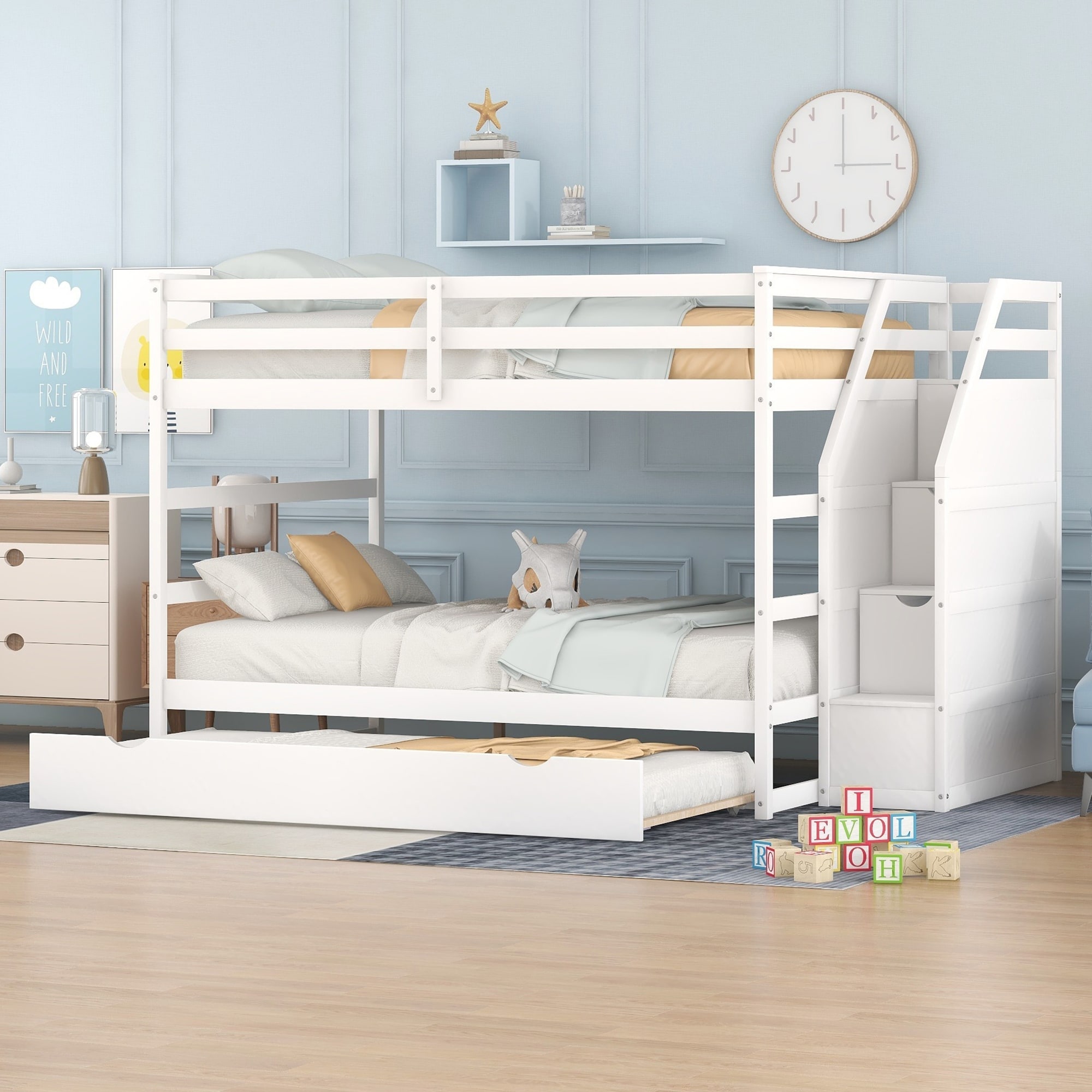 Full-over-full Bunk Bed With Twin Size Trundle And 3 Storage Stairs gray