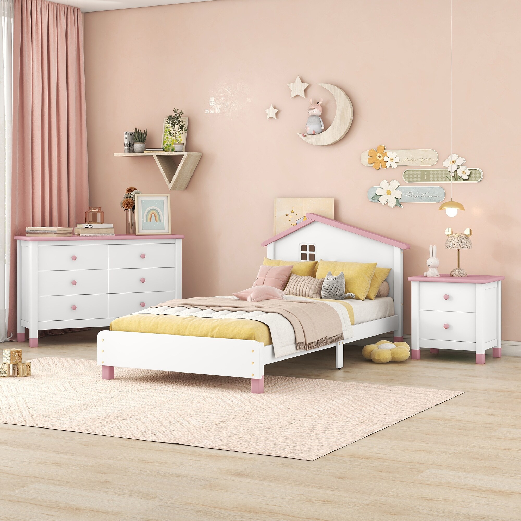 3-pieces Bedroom Sets  Platform Bed W/ Nightstand And Storage Dresser  White+pink