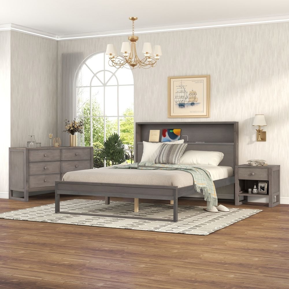 3-pieces Bedroom Sets Queen Size Platform Bed With Nightstand And Dresser