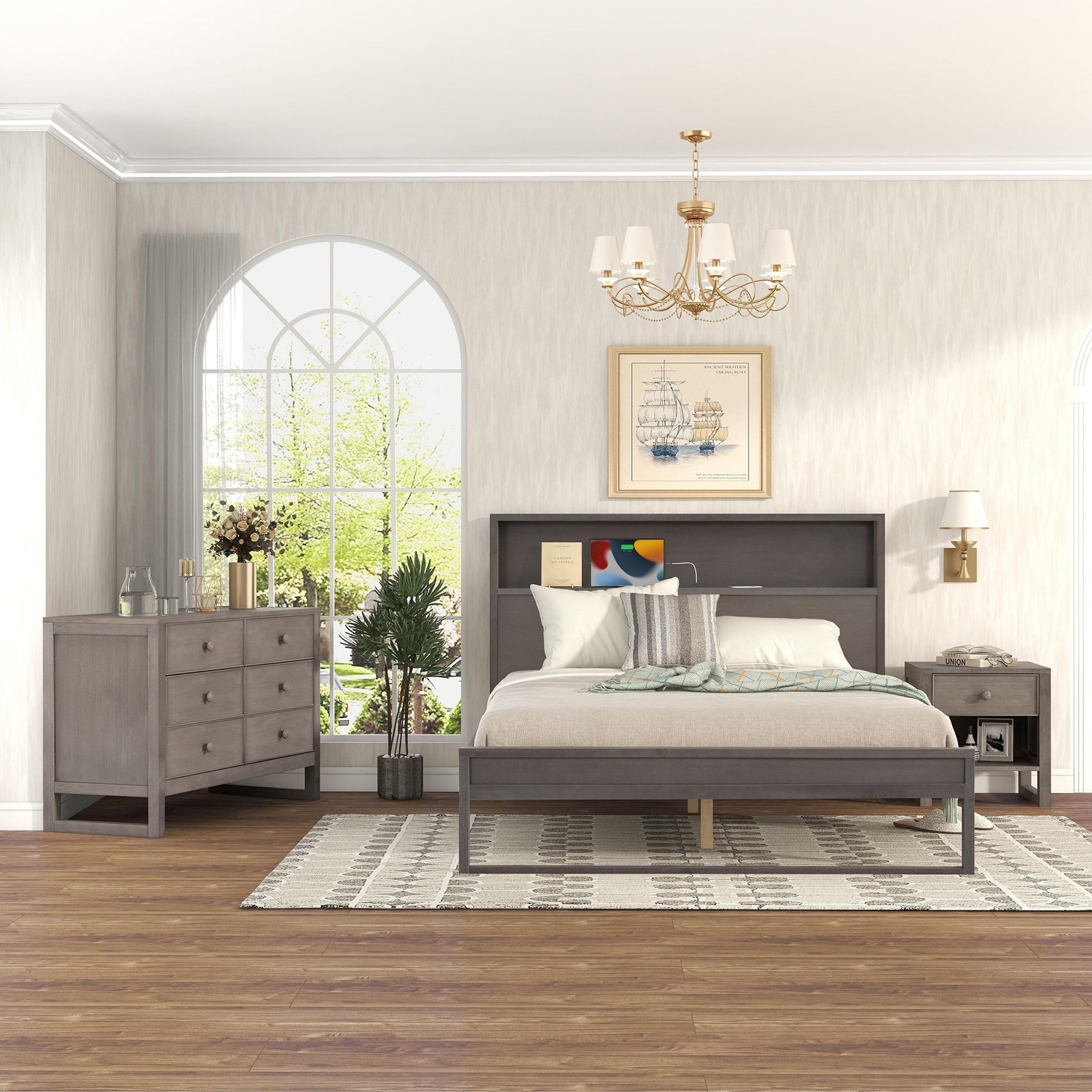 Queen Size 3-pieces Bedroom Sets Usb Port Platform Bed With Nightstand And Dresser