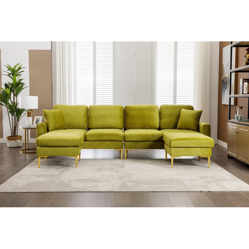 U-shape Sectional Sofa Modern Velvet Upholstered Living Room Sofa With Ottoman Included And Iron Feet Support  Comfort Soft Sofa