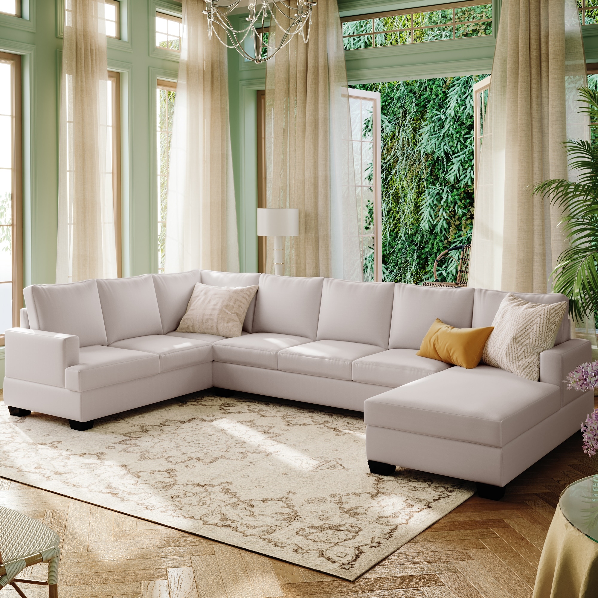 Breathable Fabric U-shape Sectional Sofa With Wide Chaise Lounge