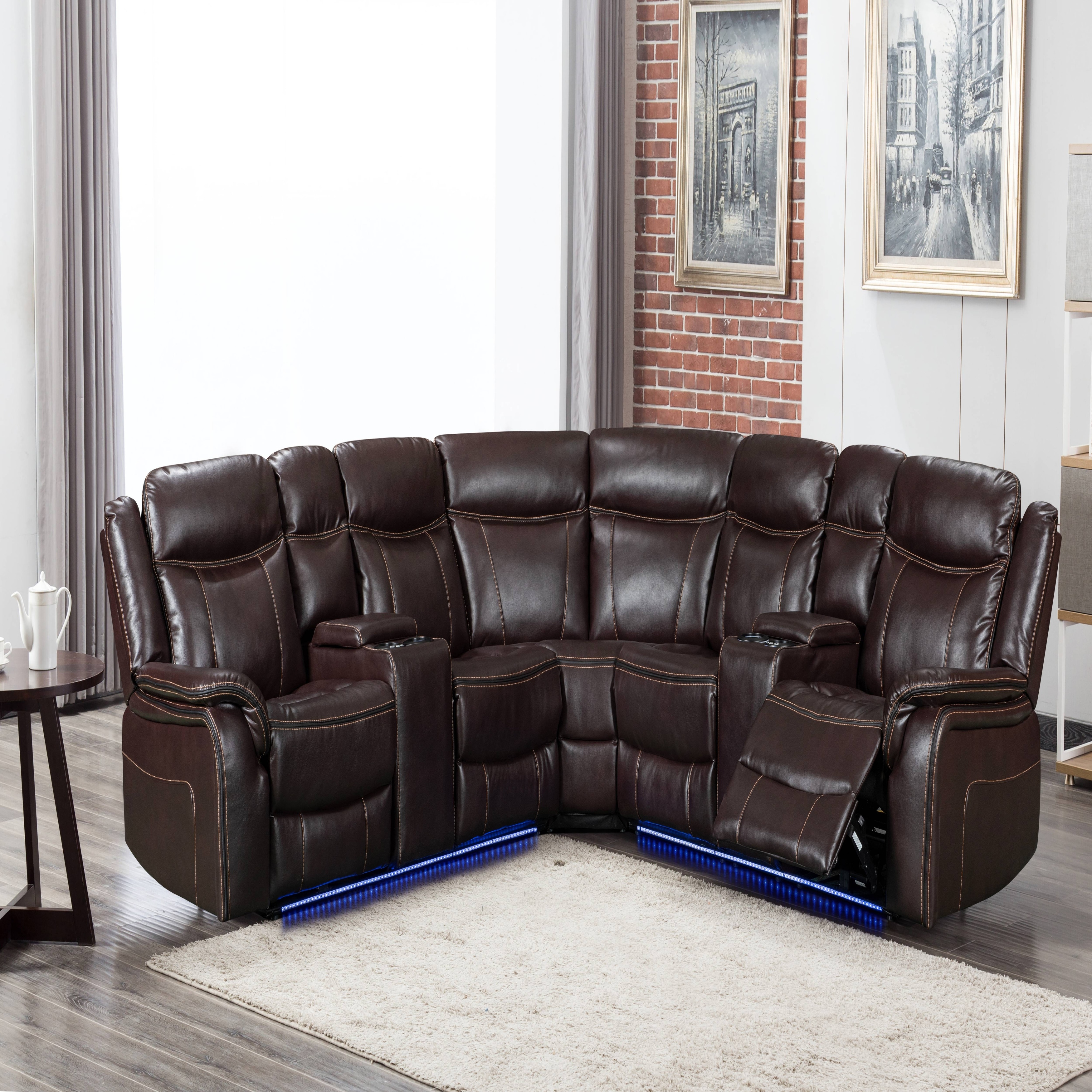 Leather Recliner Corner Sofa With  Port/led Light/bluetooth Speaker