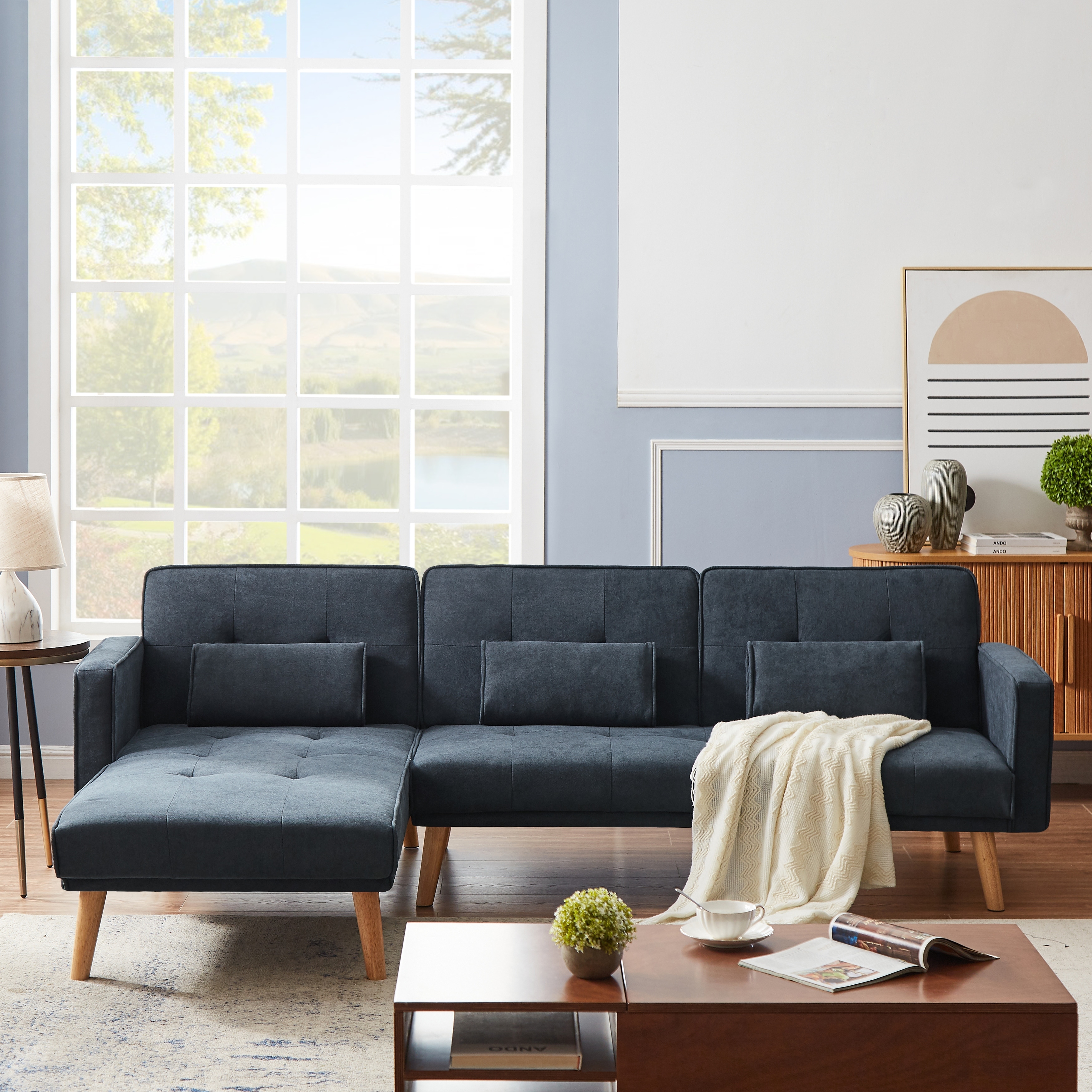 Convertible Sectional Sofa Sleeper  Left Facing L-shaped Sofa Linen Upholstered Counch With Lounge Chaise For Living Room