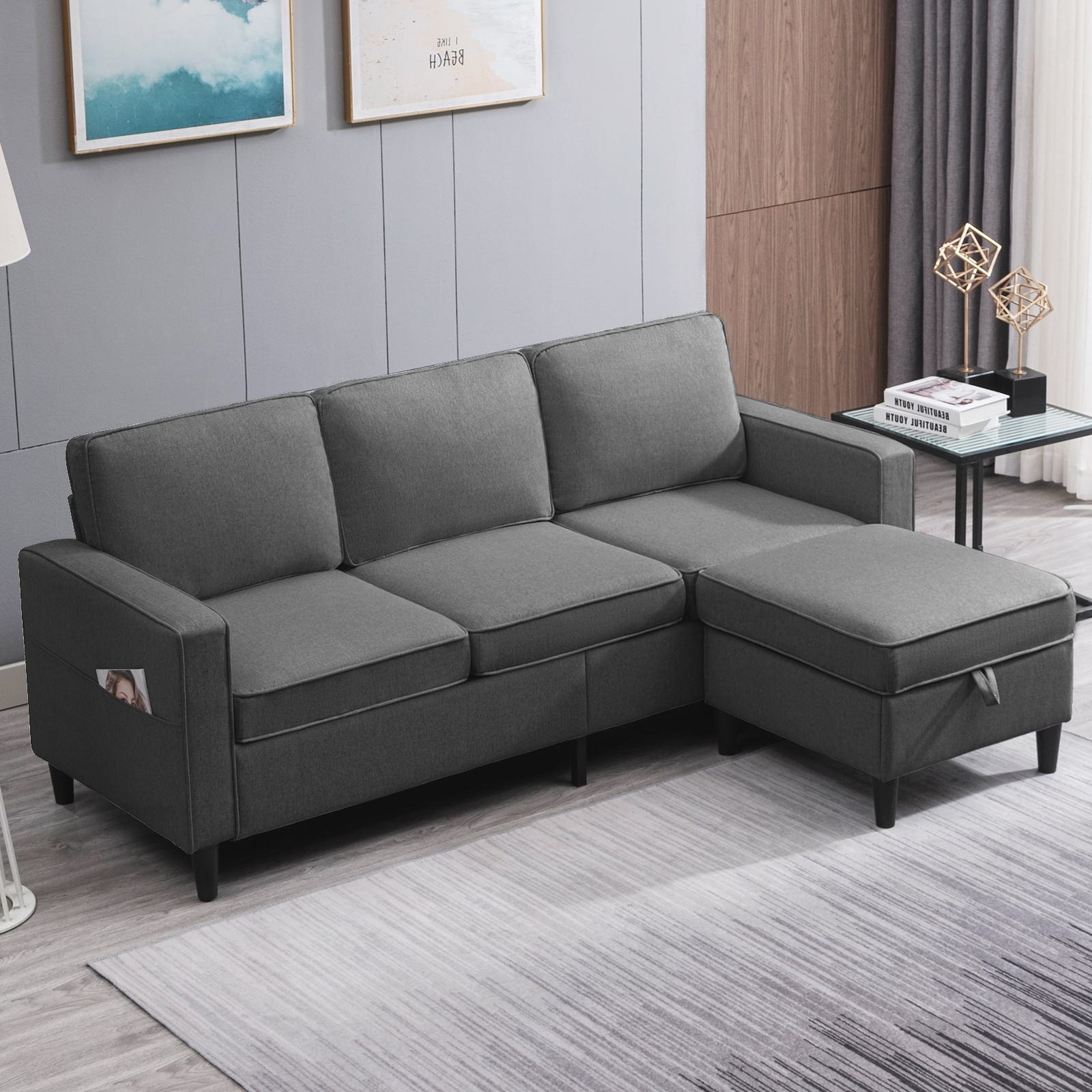 Mixoy 90w Convertible L-shaped Sectional Couch With Storage Ottoman - 89.76in*55.12in*17.71in