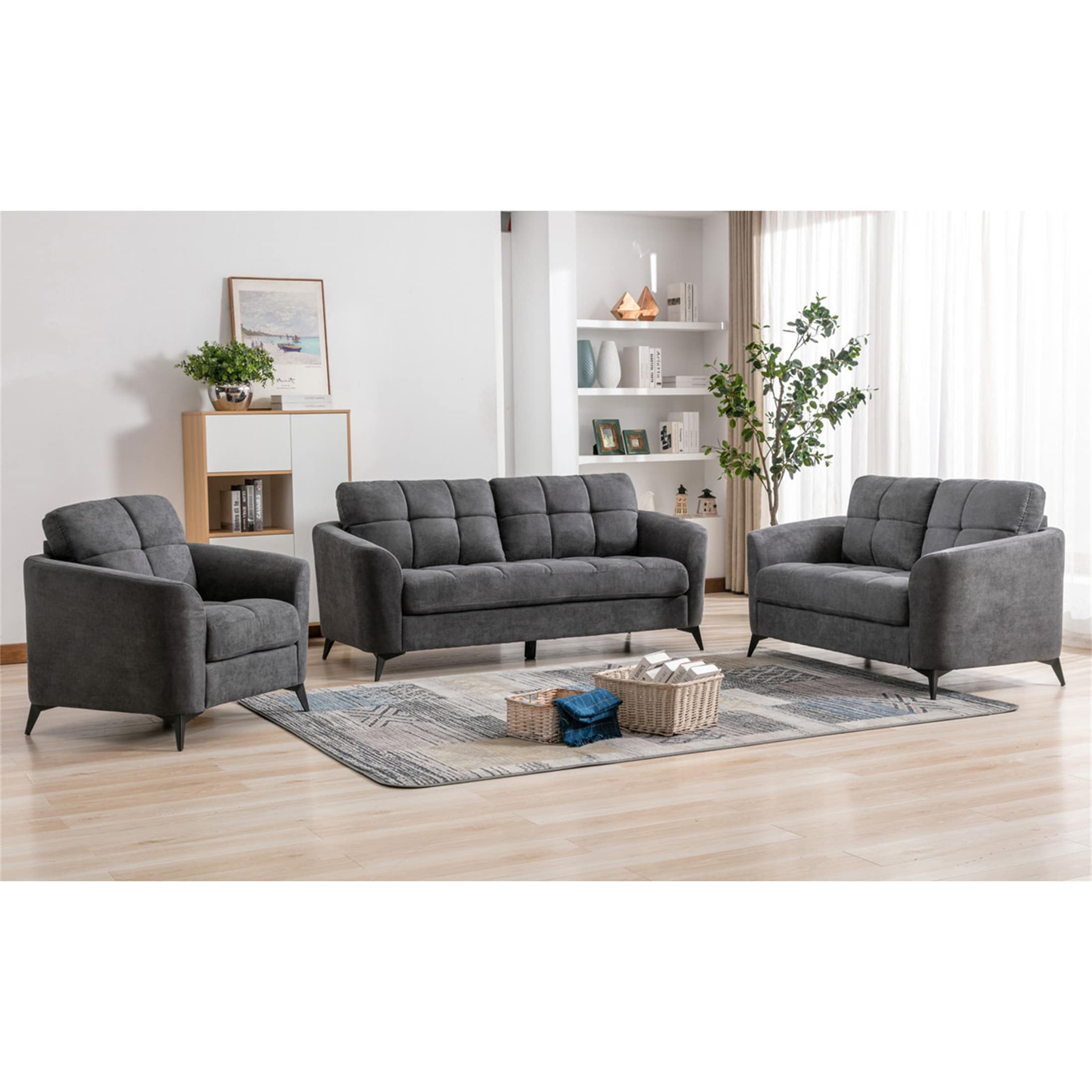 Gray Velvet Fabric Sofa Loveseat Chair Living Room Set