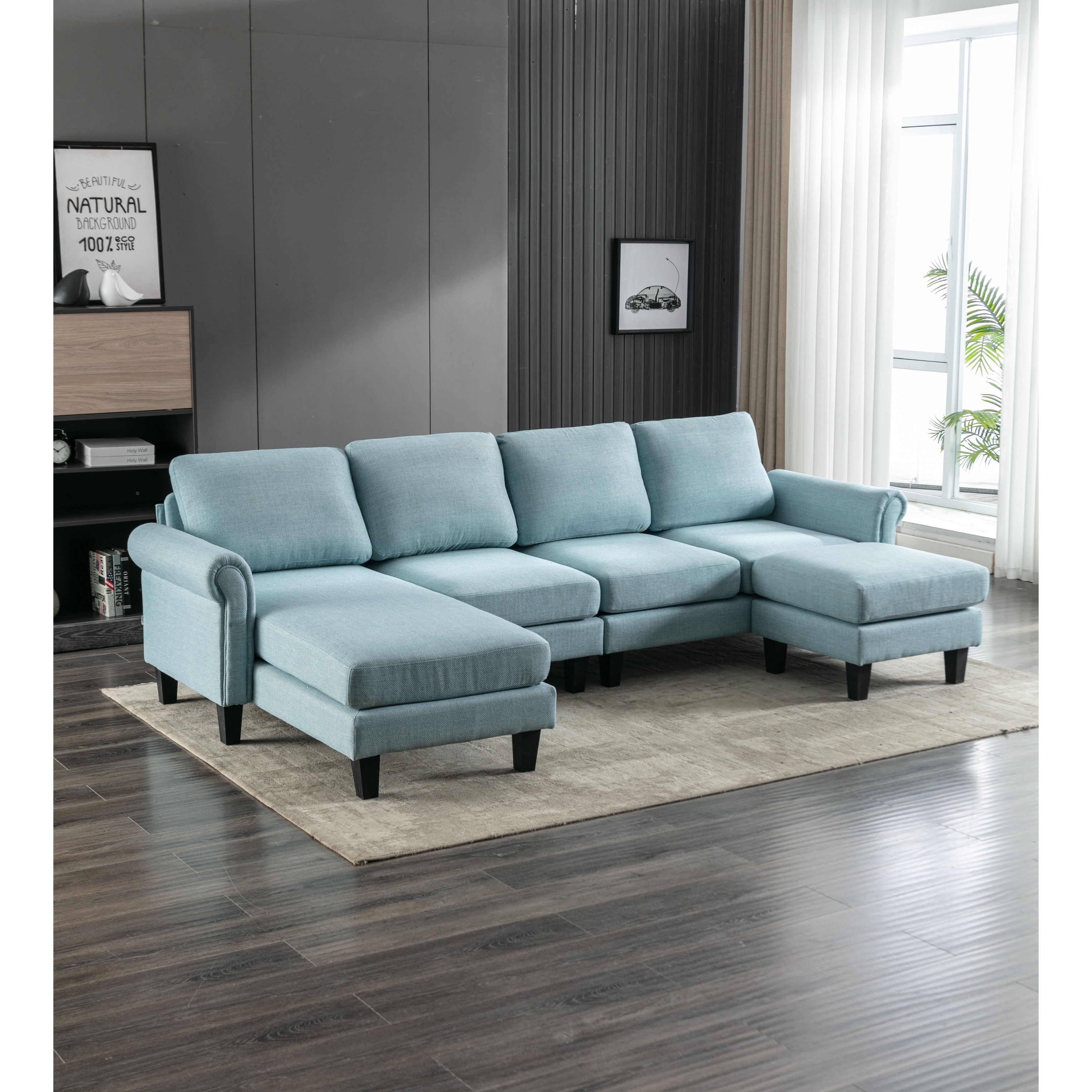 Modern Accent Living Room Sofa With Ottoman For Home Bedroom  L-shape Convertible Sectional Sofa With Soft Seat and Armrest