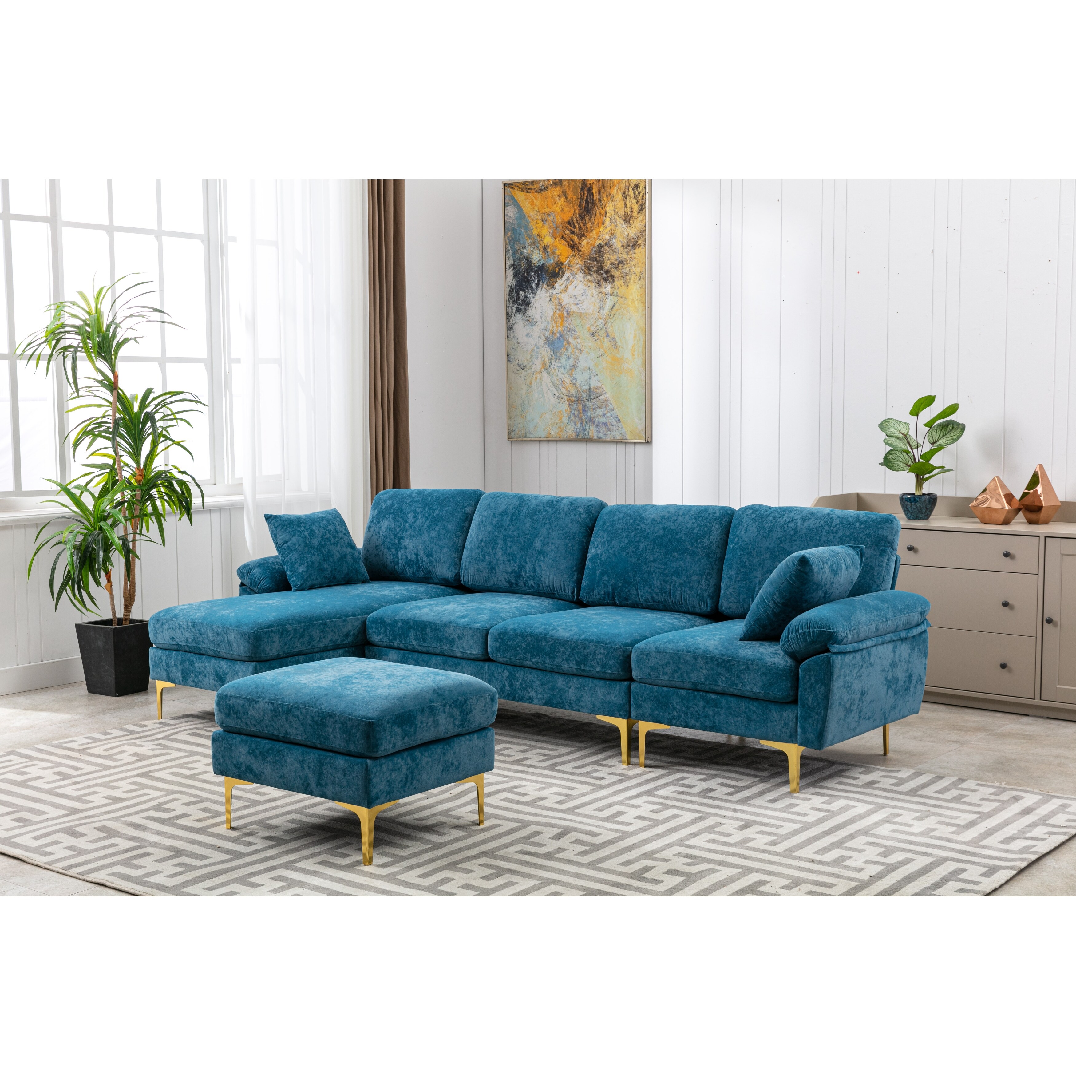 Living Room Sectional Sofa  L-shaped Upholstered Couch With Movable Ottoman  Convertible Modular Sofa With Gold Metal Legs