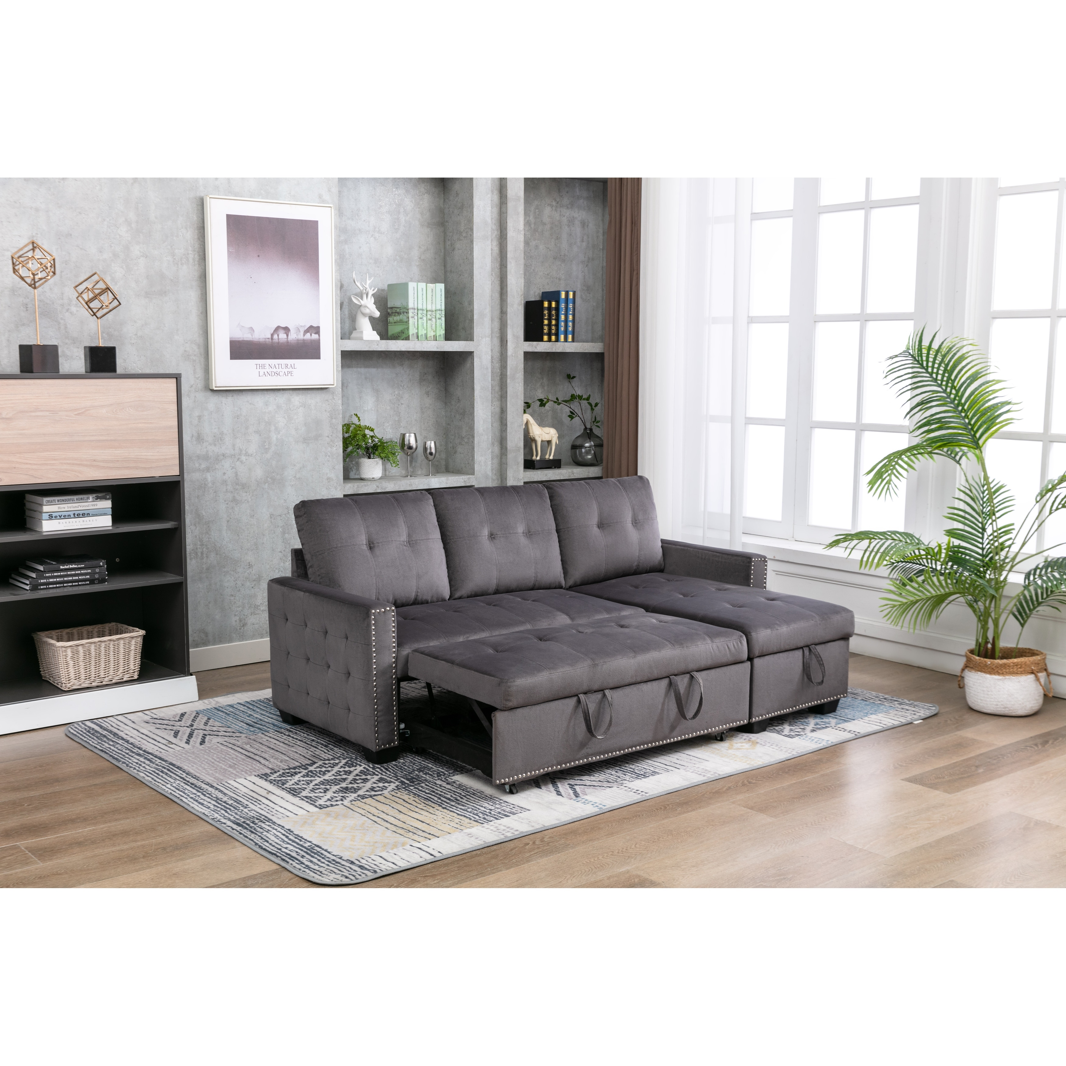 77 Inch L-shape Reversible Sleeper Sectional Storage Sofa Bed